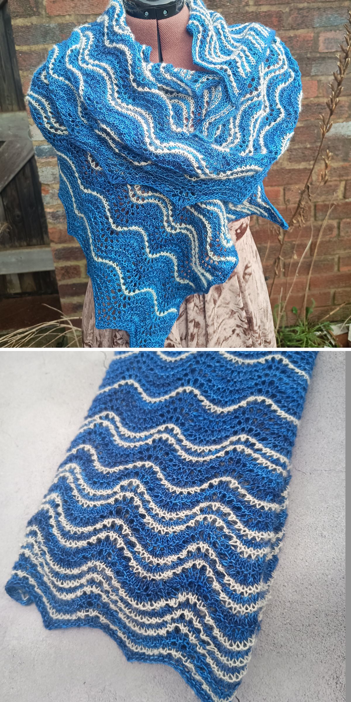 a blue knitted lace shawl with white details