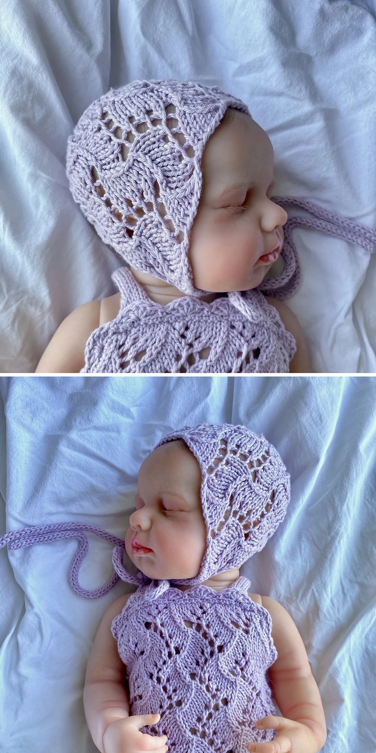 A baby in a lavender knitted baby bonnet and matching outfit is peacefully sleeping on a white sheet.