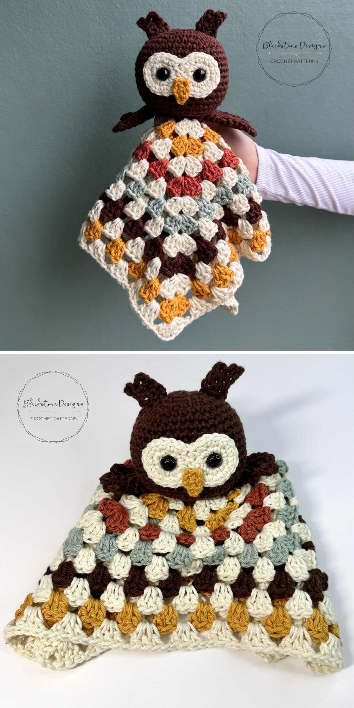 a crochet baby lovey with an owl head and granny stitched blanket
