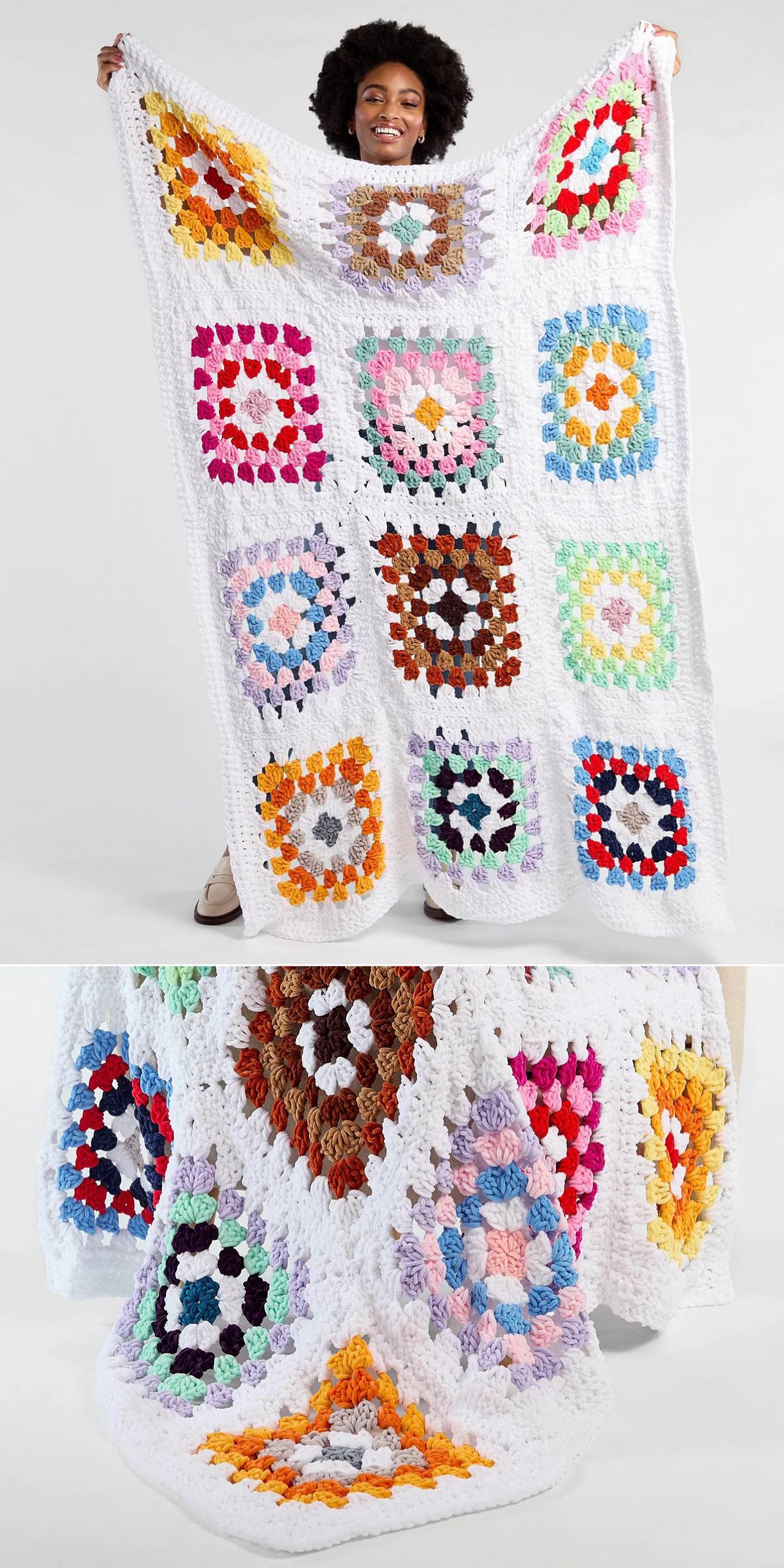 a white crochet blanket made of big colorful granny squares