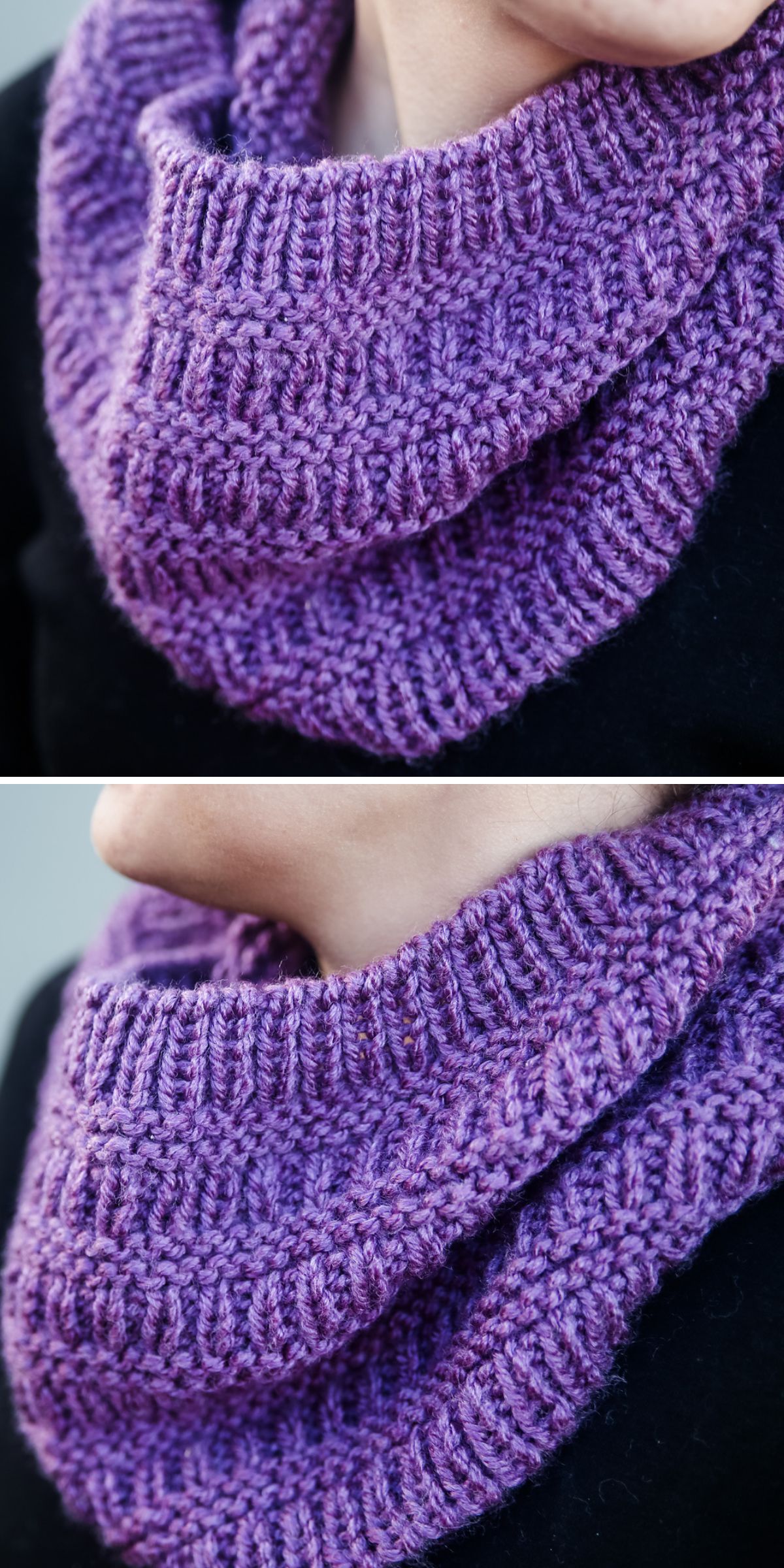 a knit cowl in a purple shade