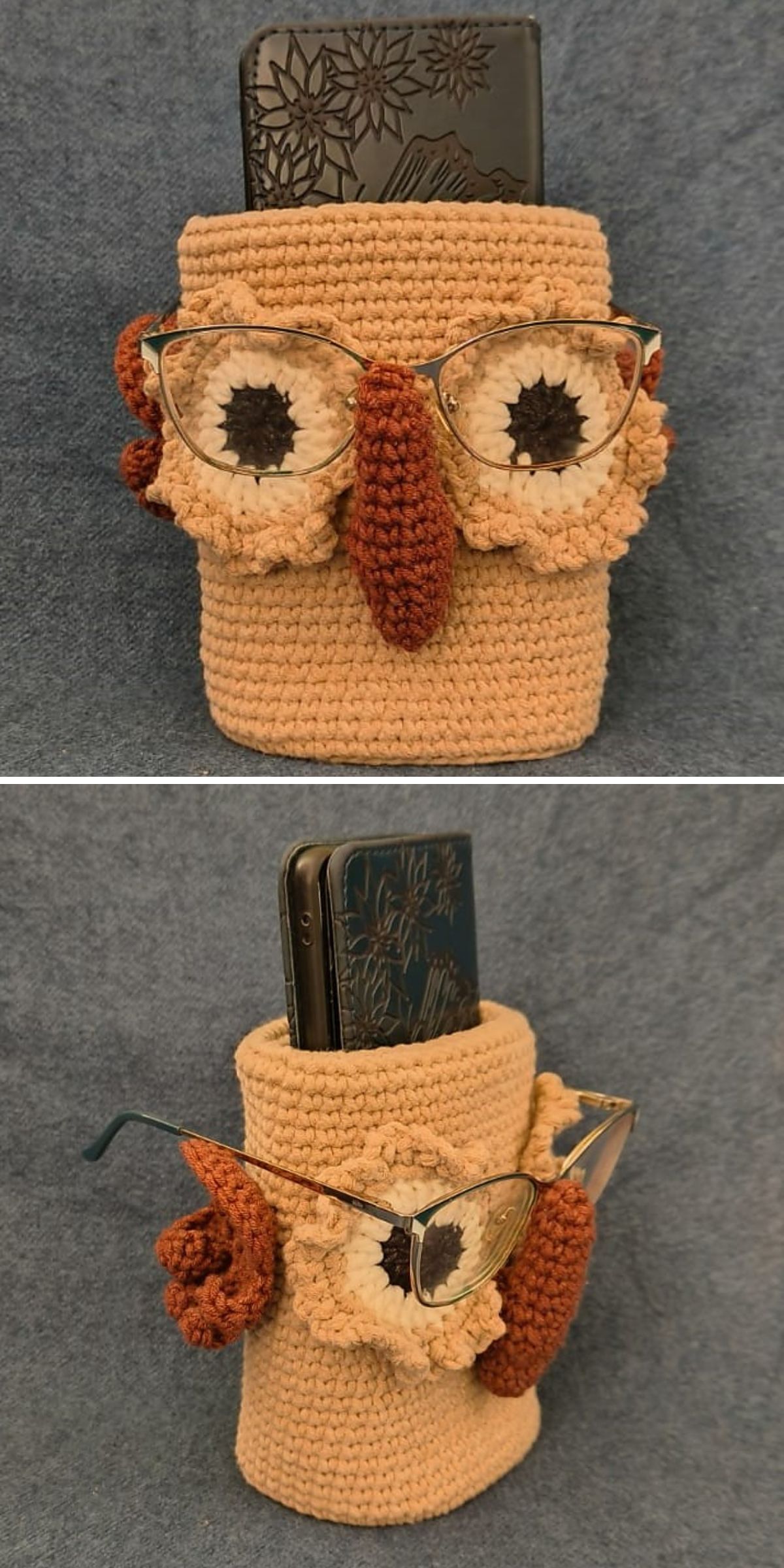 a crochet phone cozy and glasses holder with an owl design