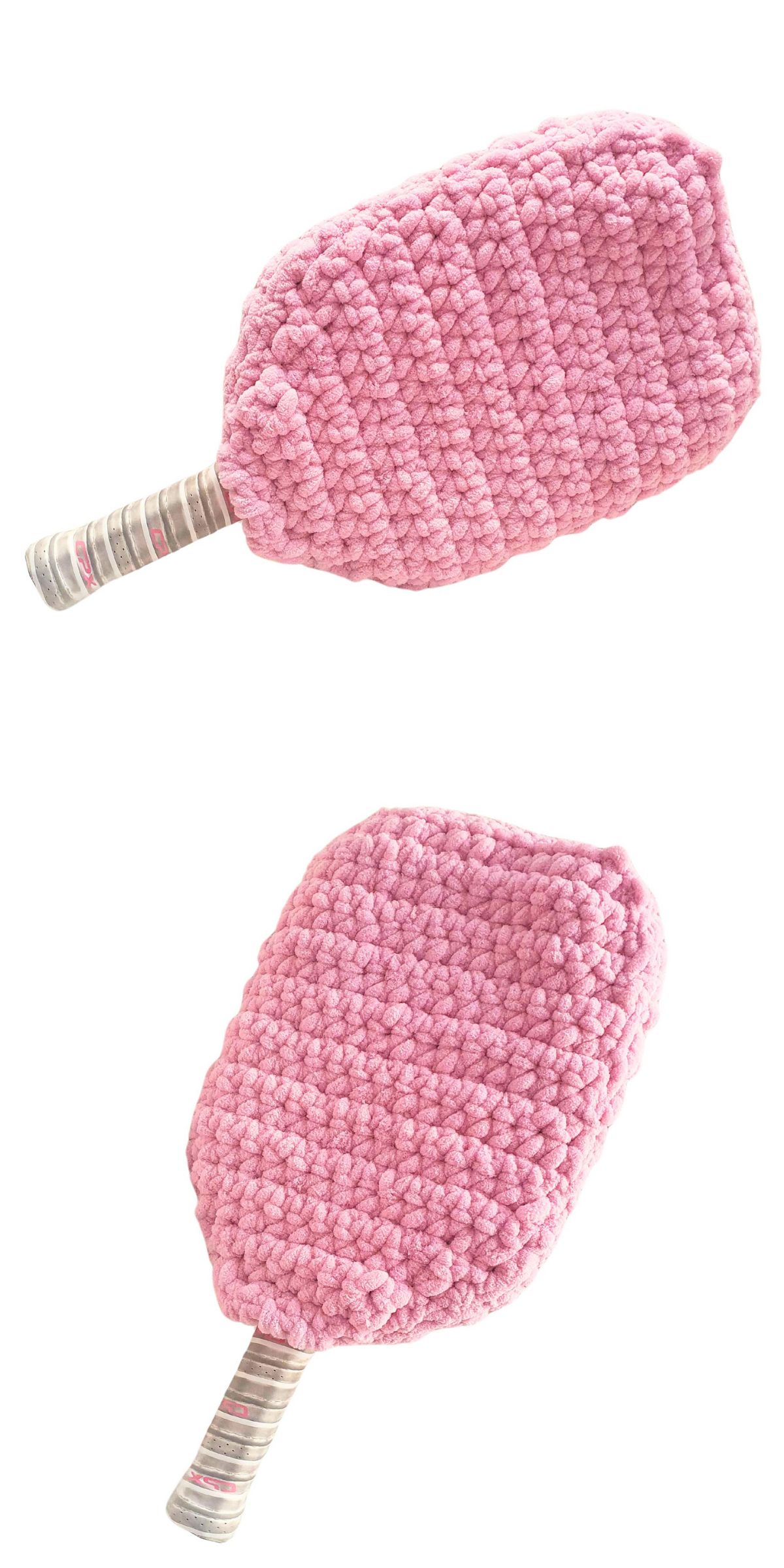 a pink crocheted paddle cover