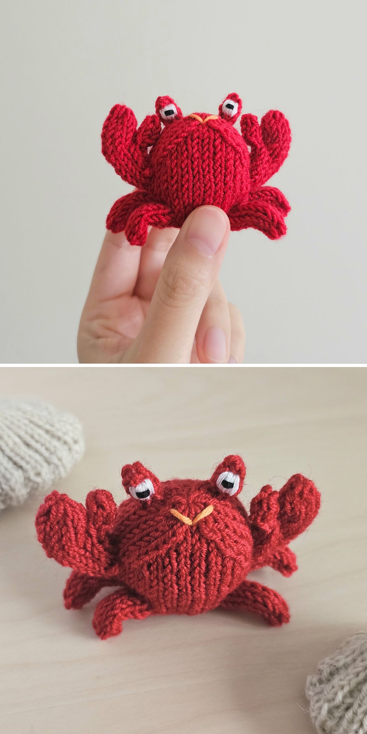 a small red knitted crab