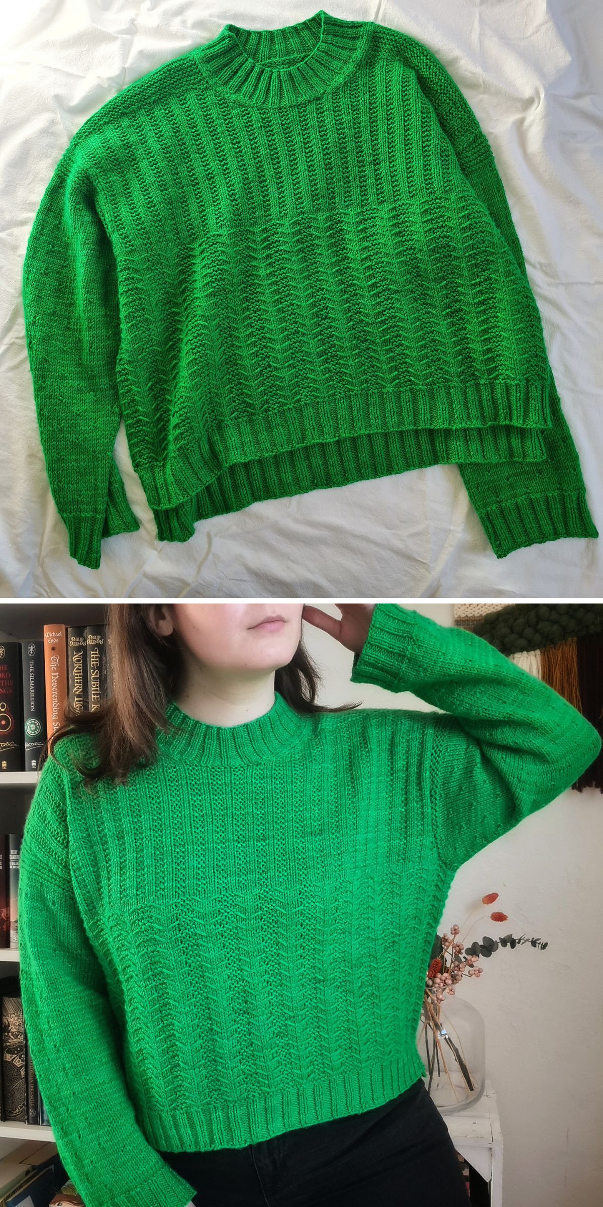 a green knit sweater
