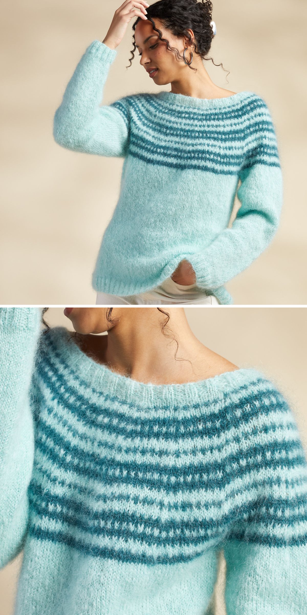 a light blue knit sweater with a striped upper part