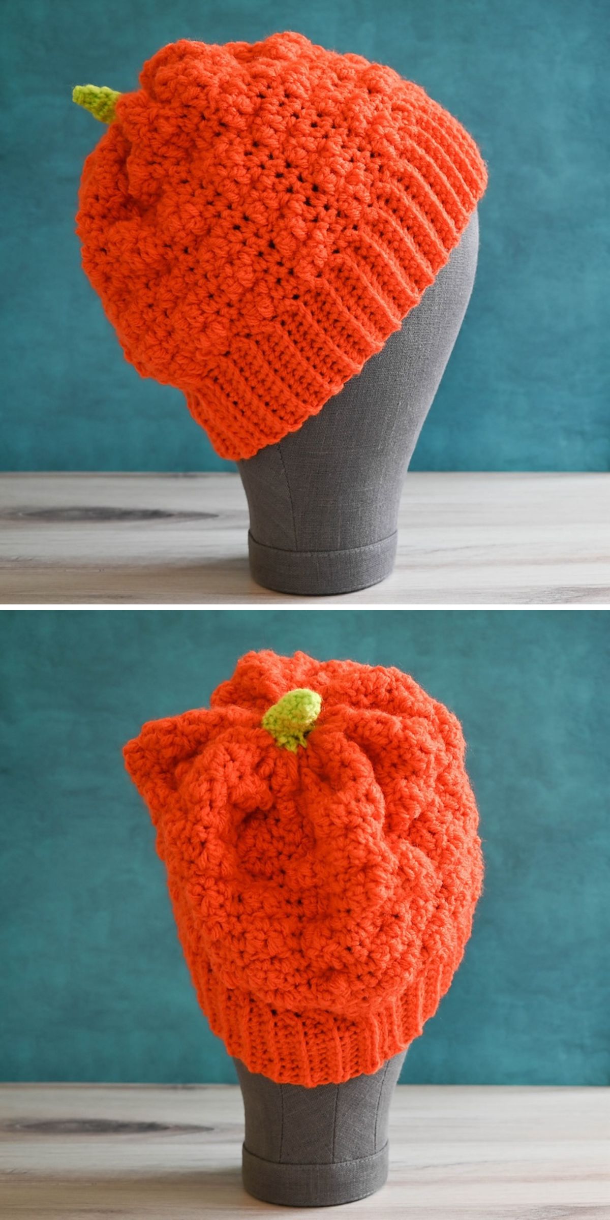 an orange crochet beanie looking like a pumpkin