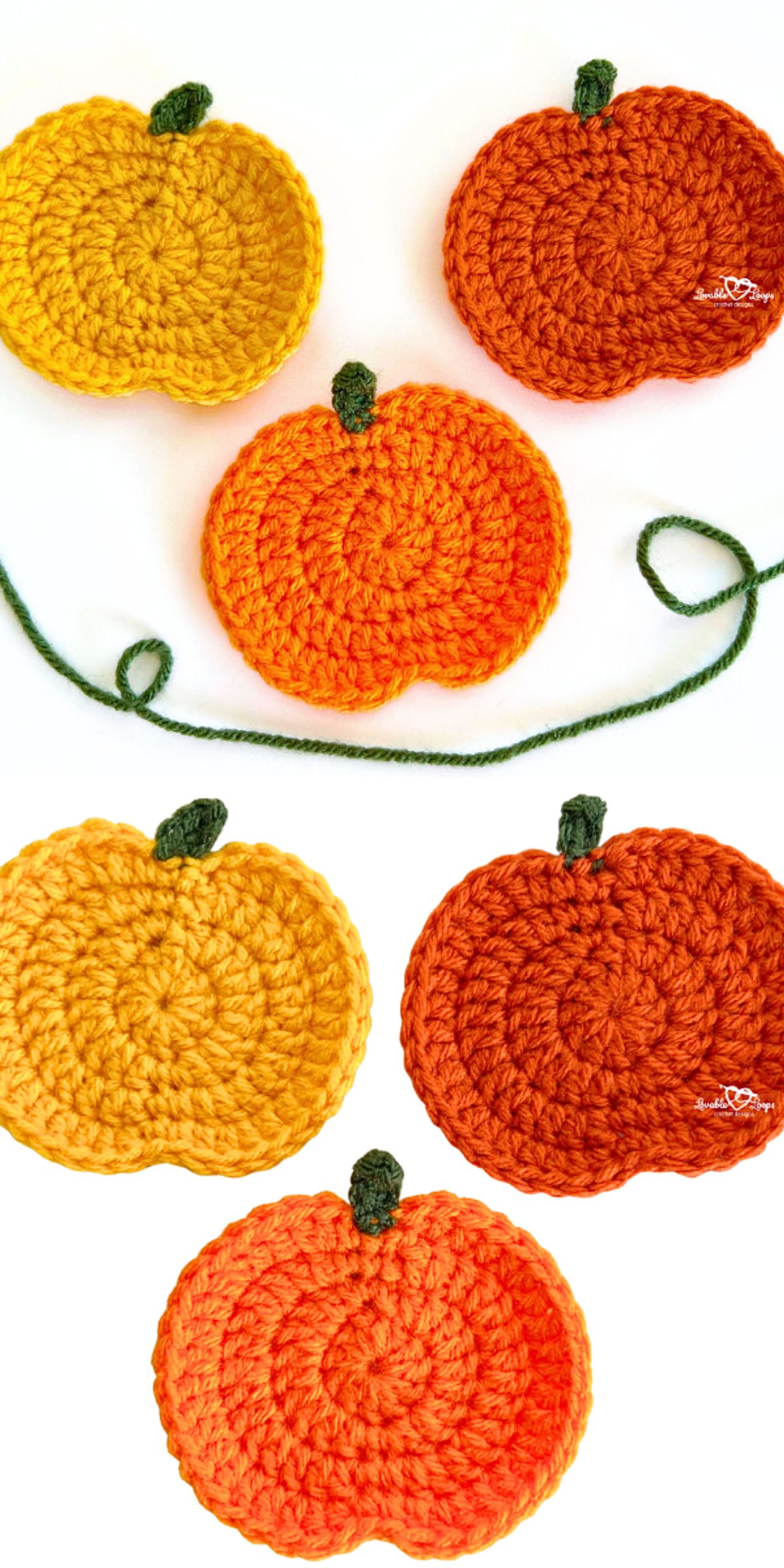 a set of crochet pumpkin appliques