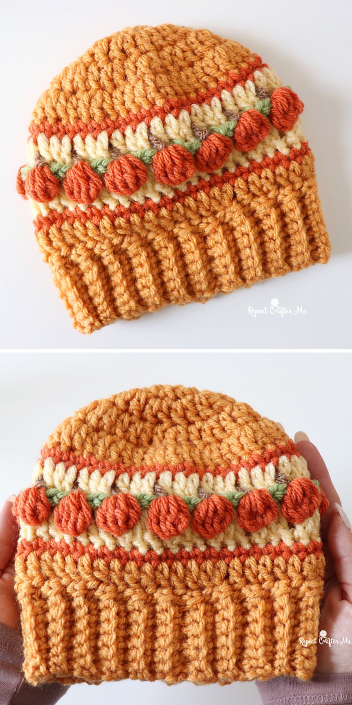 a fall-colored crochet beanie featuring a row of pumpkin stitches