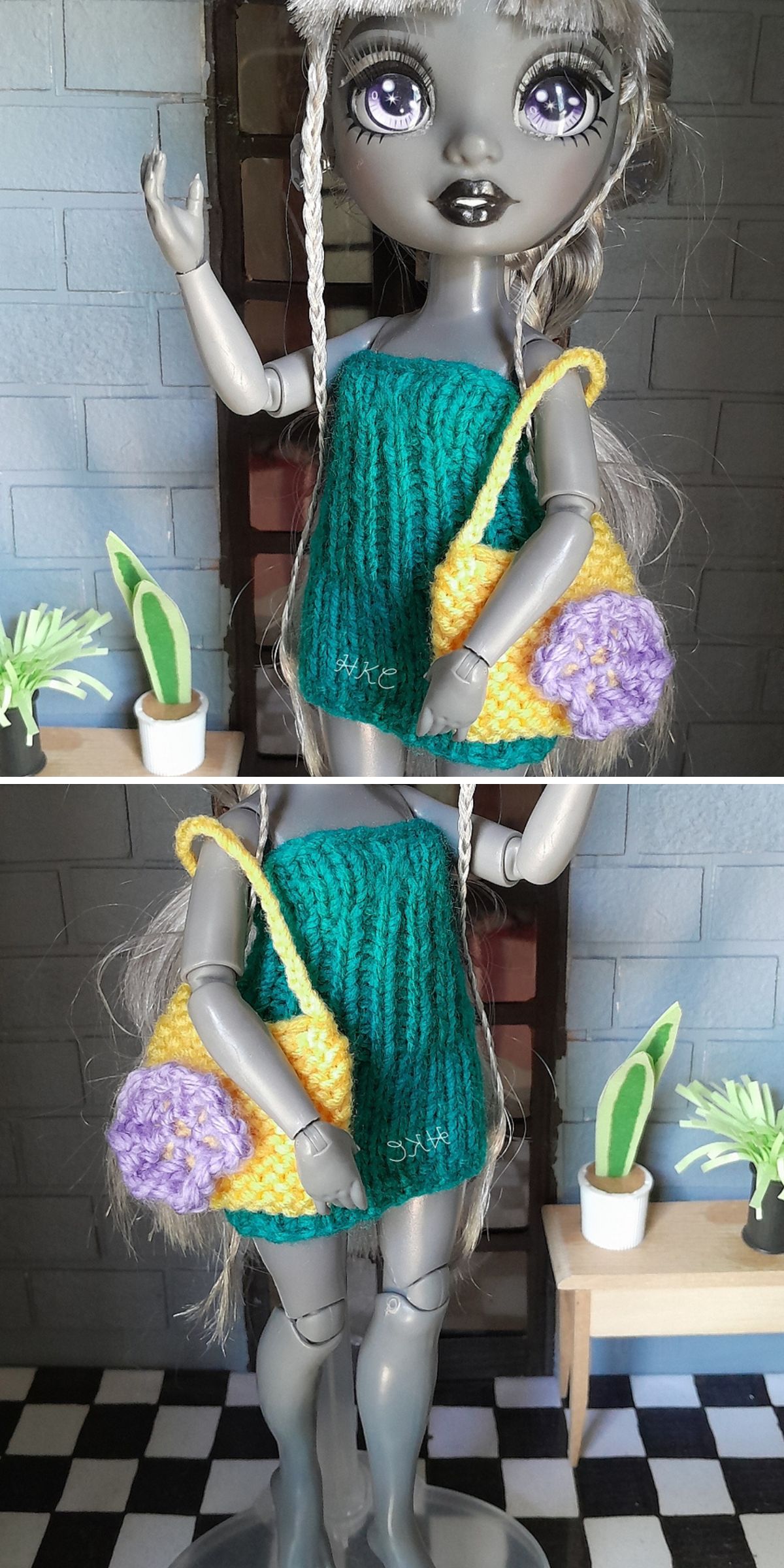 a doll wearing a green strapless knitted mini dress