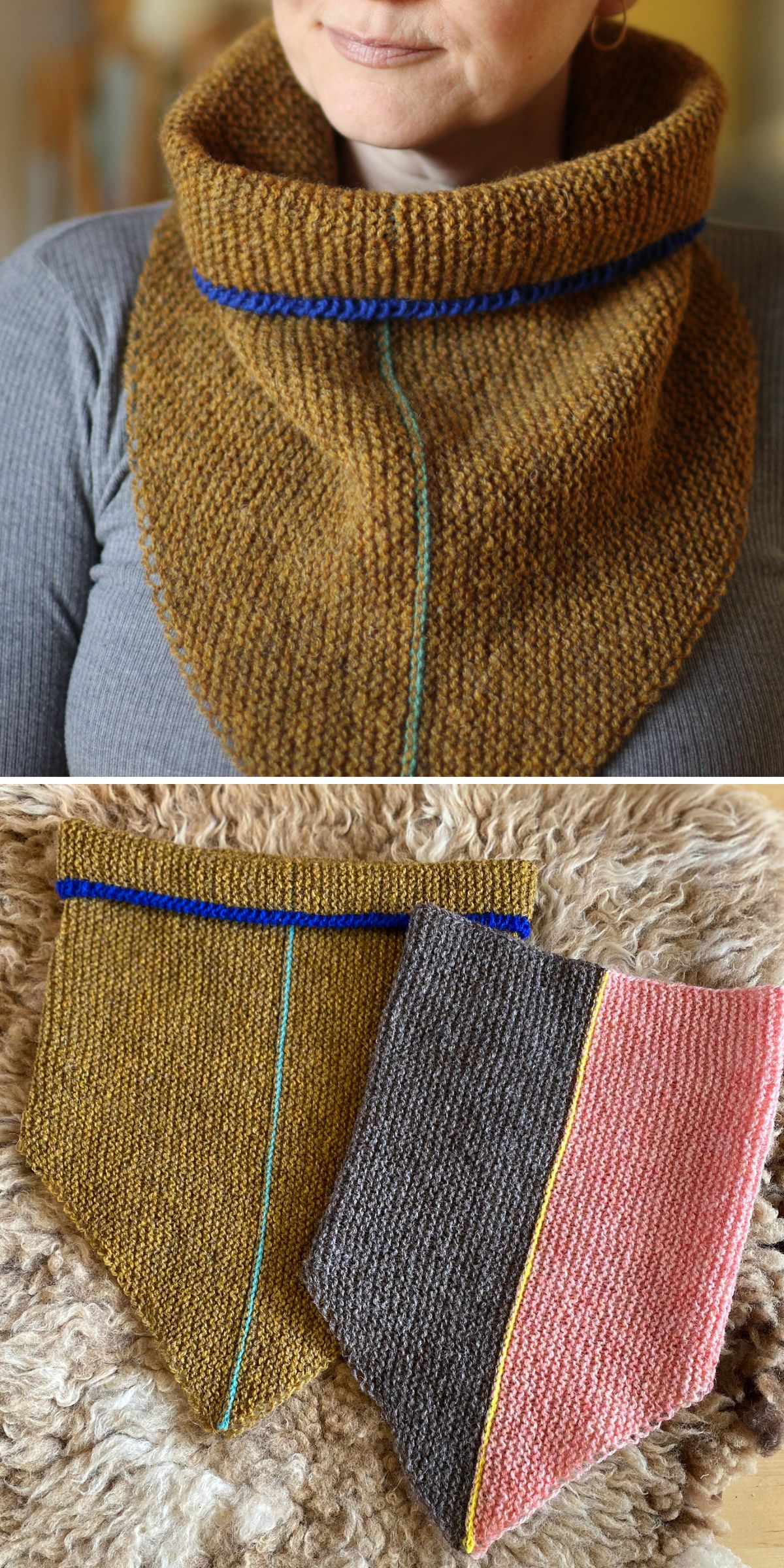 a knitted cowl with contrasting lines