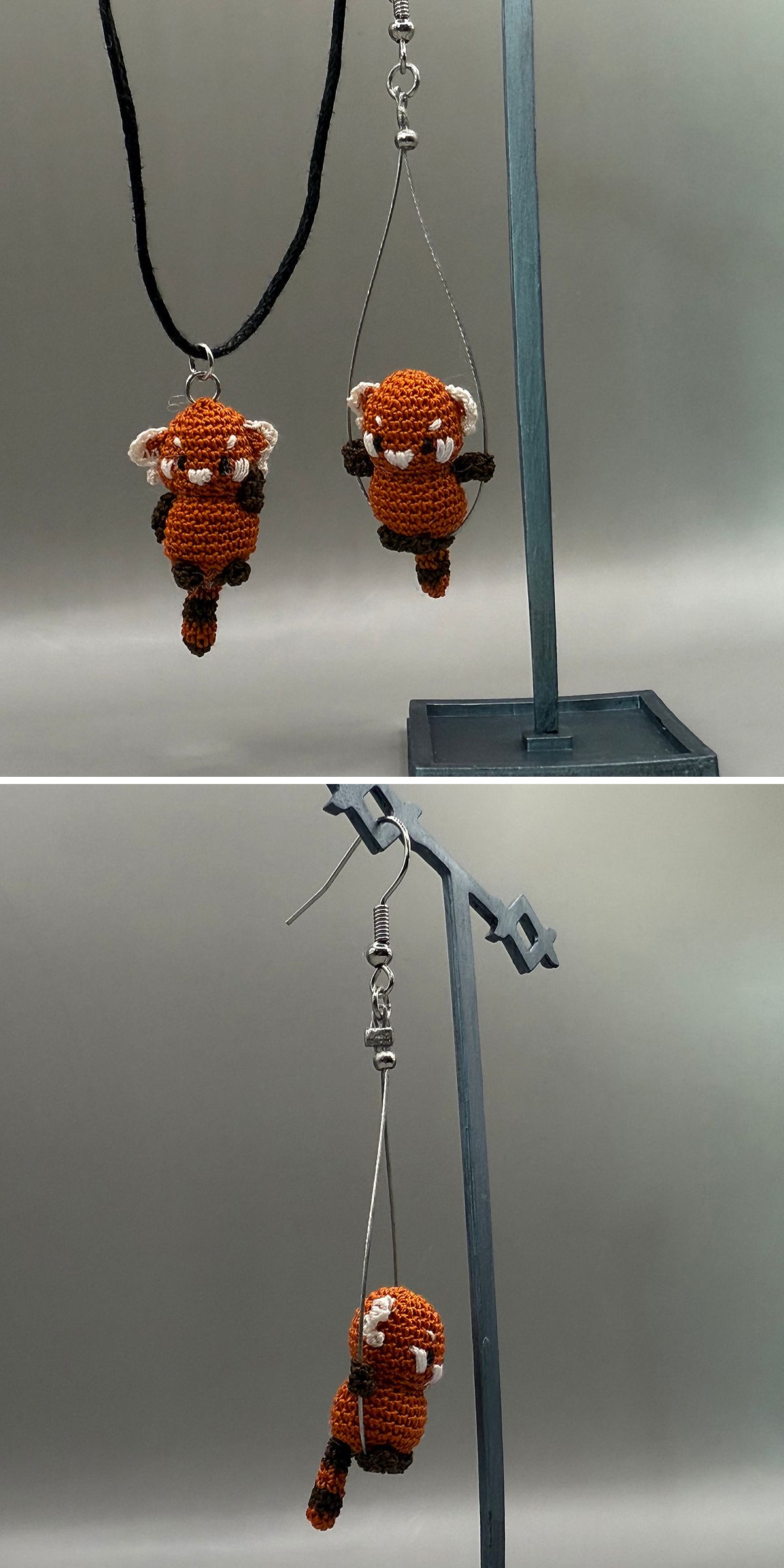 Two photos showcase crocheted red panda charms: one as a necklace pendant and one as a key-shaped stand with crochet earrings, both featuring the panda hanging from a bar.
