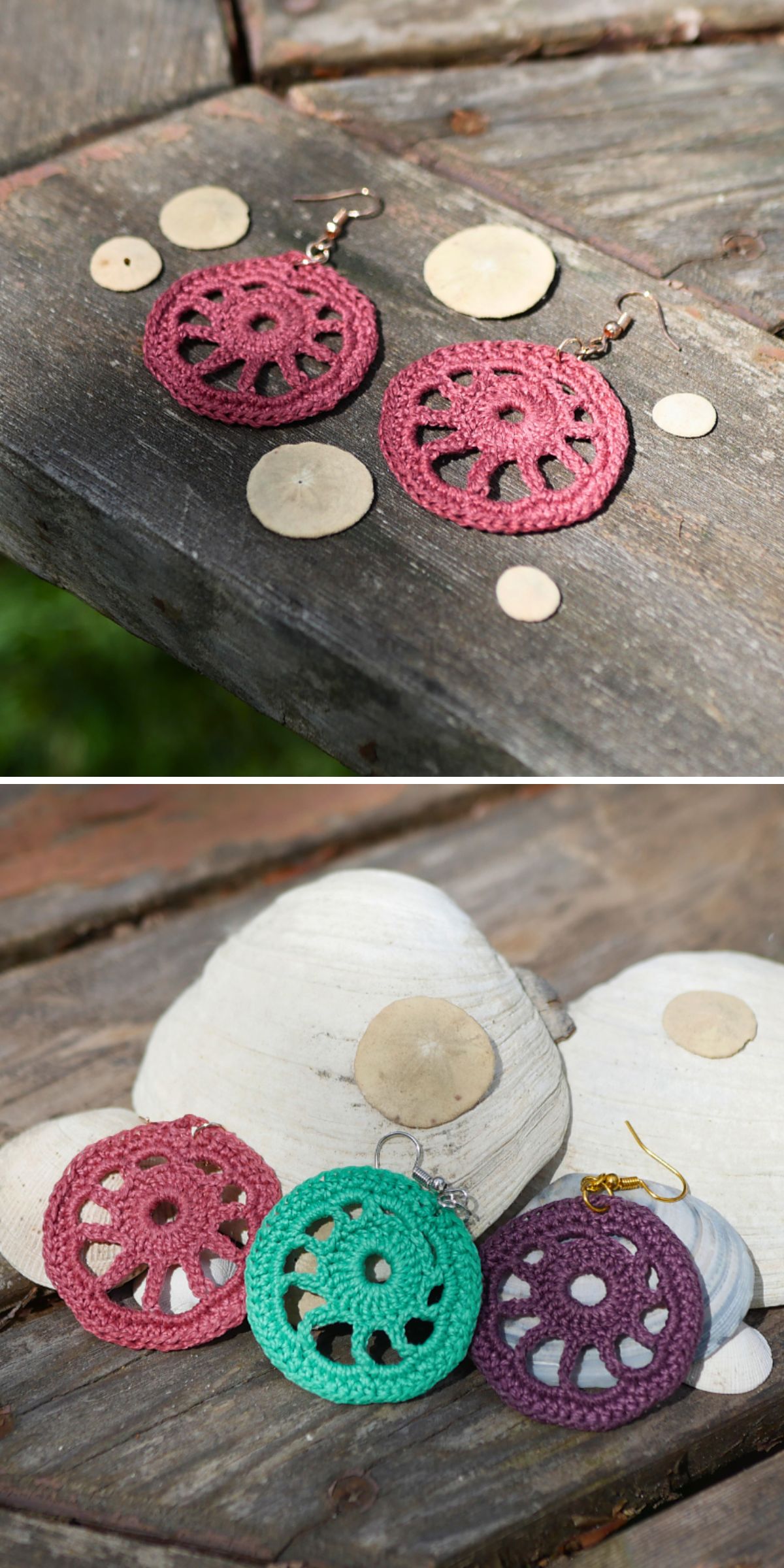 Two images showcase vibrant crochet earrings in pink, purple, and green, with circular designs artfully arranged on a weathered wooden surface outdoors.