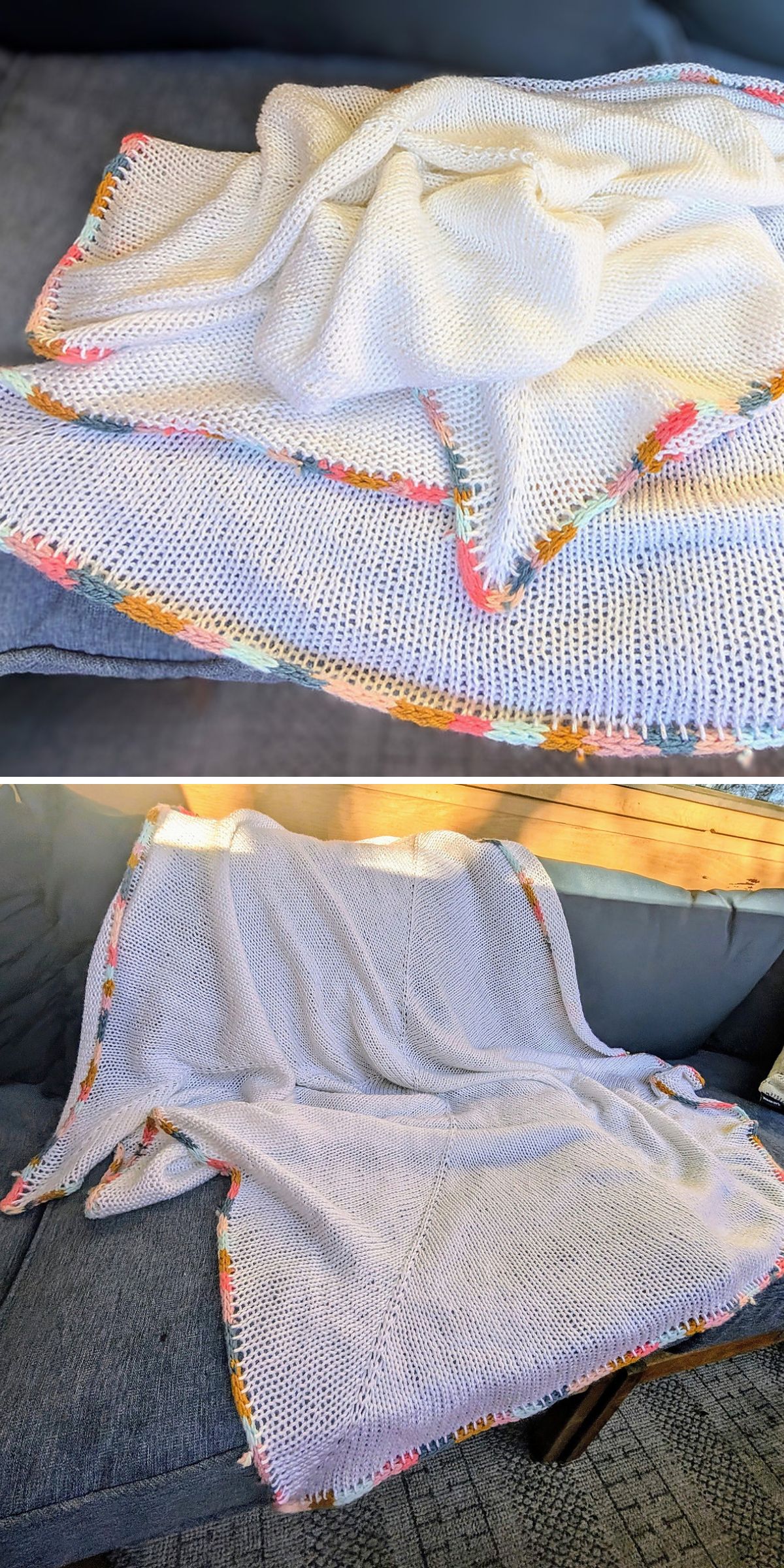 A white knitted blanket with a multicolored border is draped over a grey couch and displayed in two different views, showcasing its beautiful blanket knitting pattern.