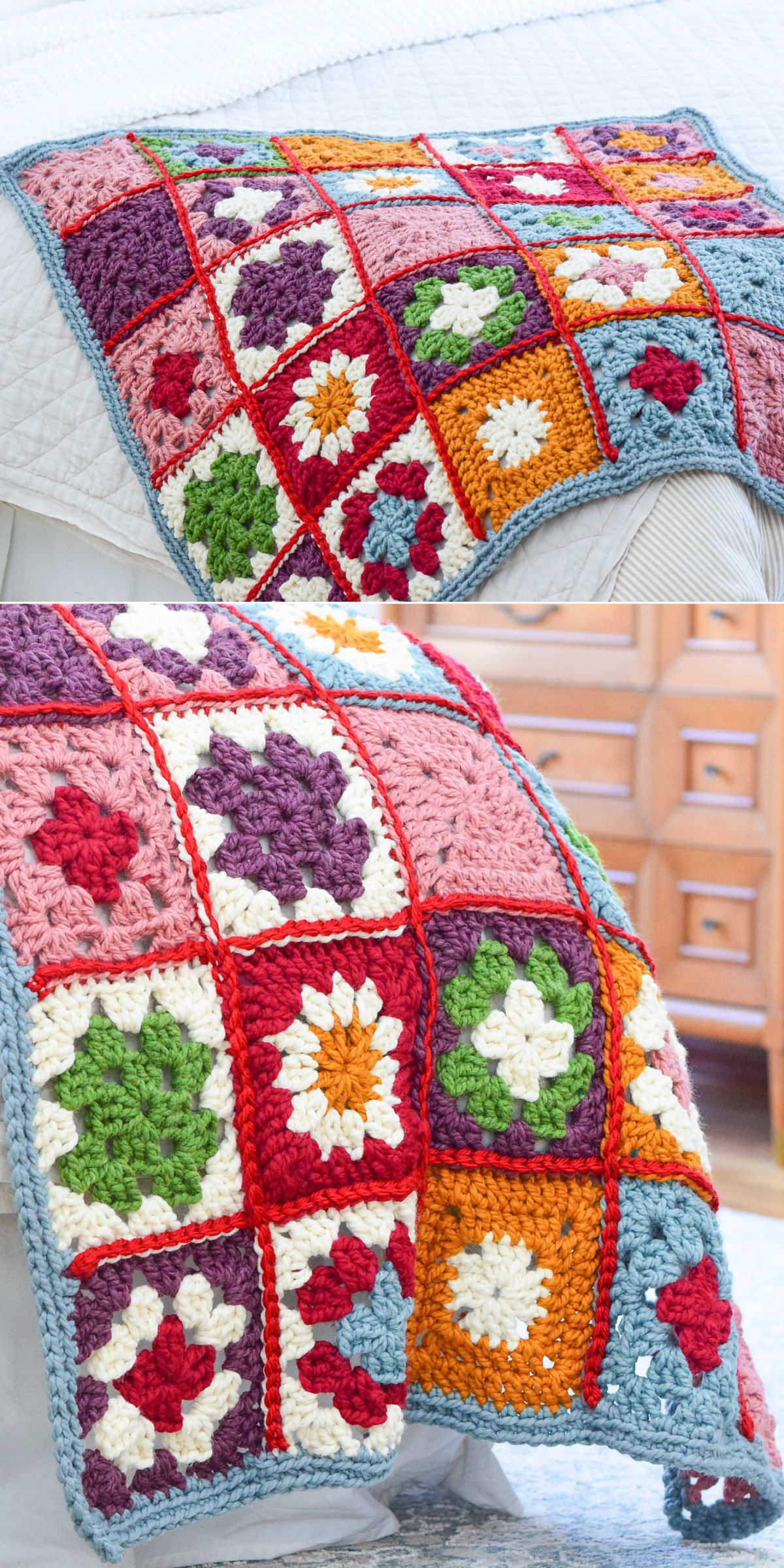 a vibrant crochet blanket built from granny squares with various motifs