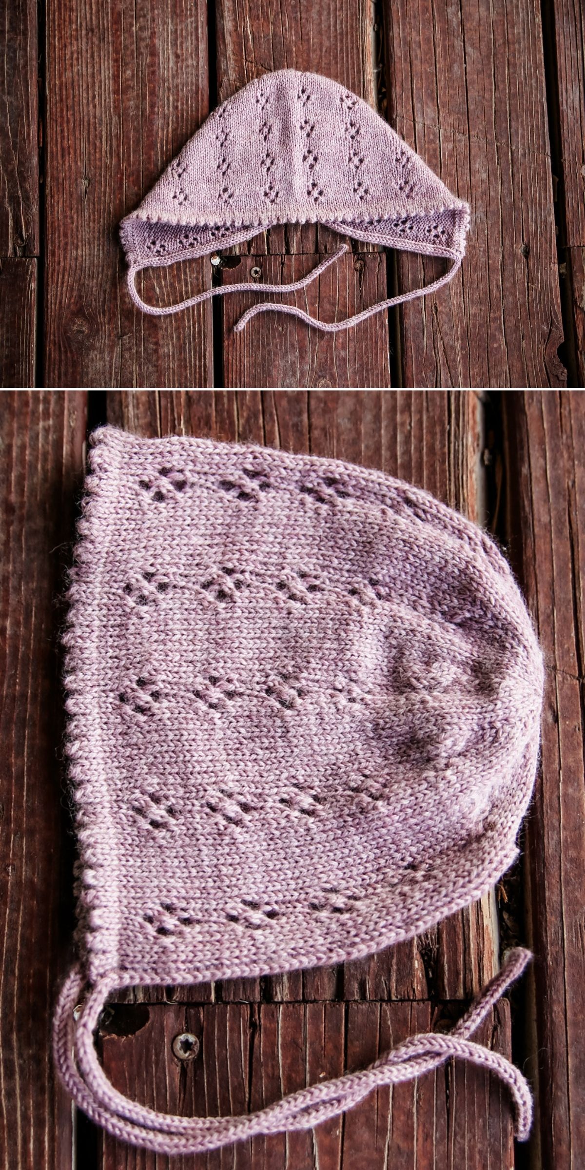 A knitted lavender baby bonnet with a delicate lace pattern and ties, shown from above and in a close-up on a wooden surface—an elegant addition to any collection of knitted baby bonnets.