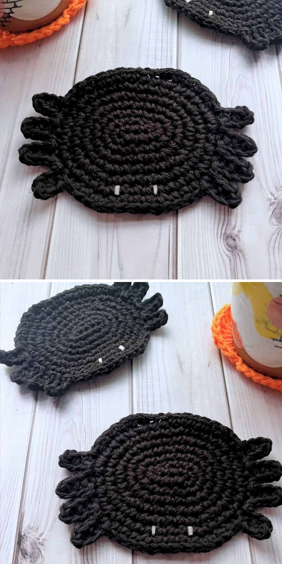 a black crochet spider coaster