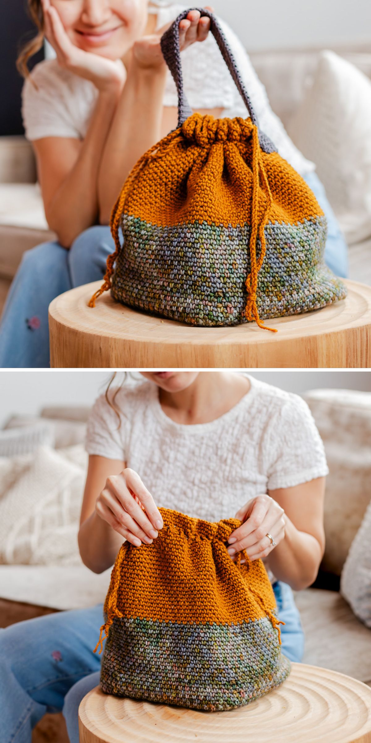 a modern crochet drawstring bag