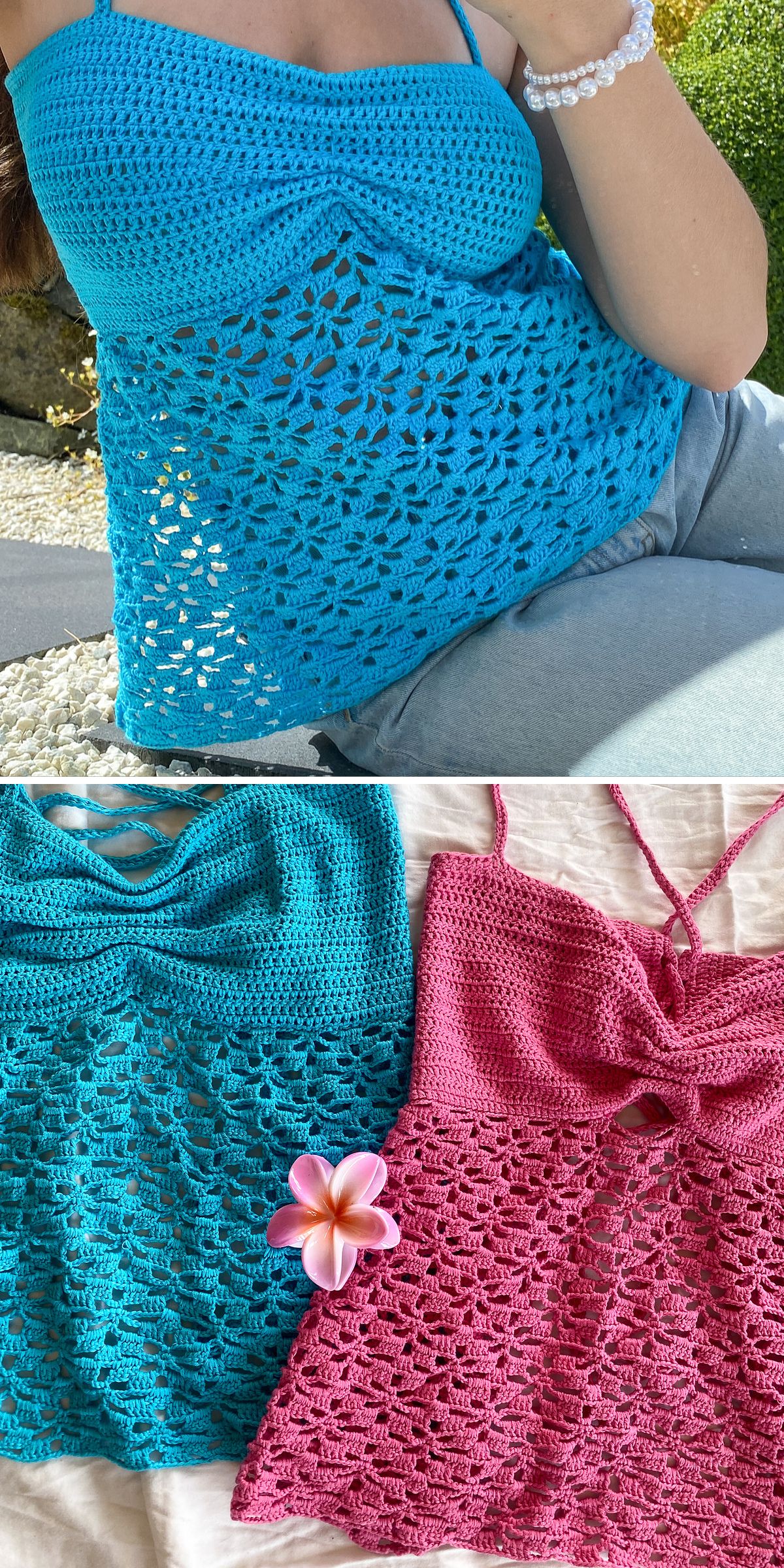 a crocheted top with densily stitched cups and lace flower-themed bottom