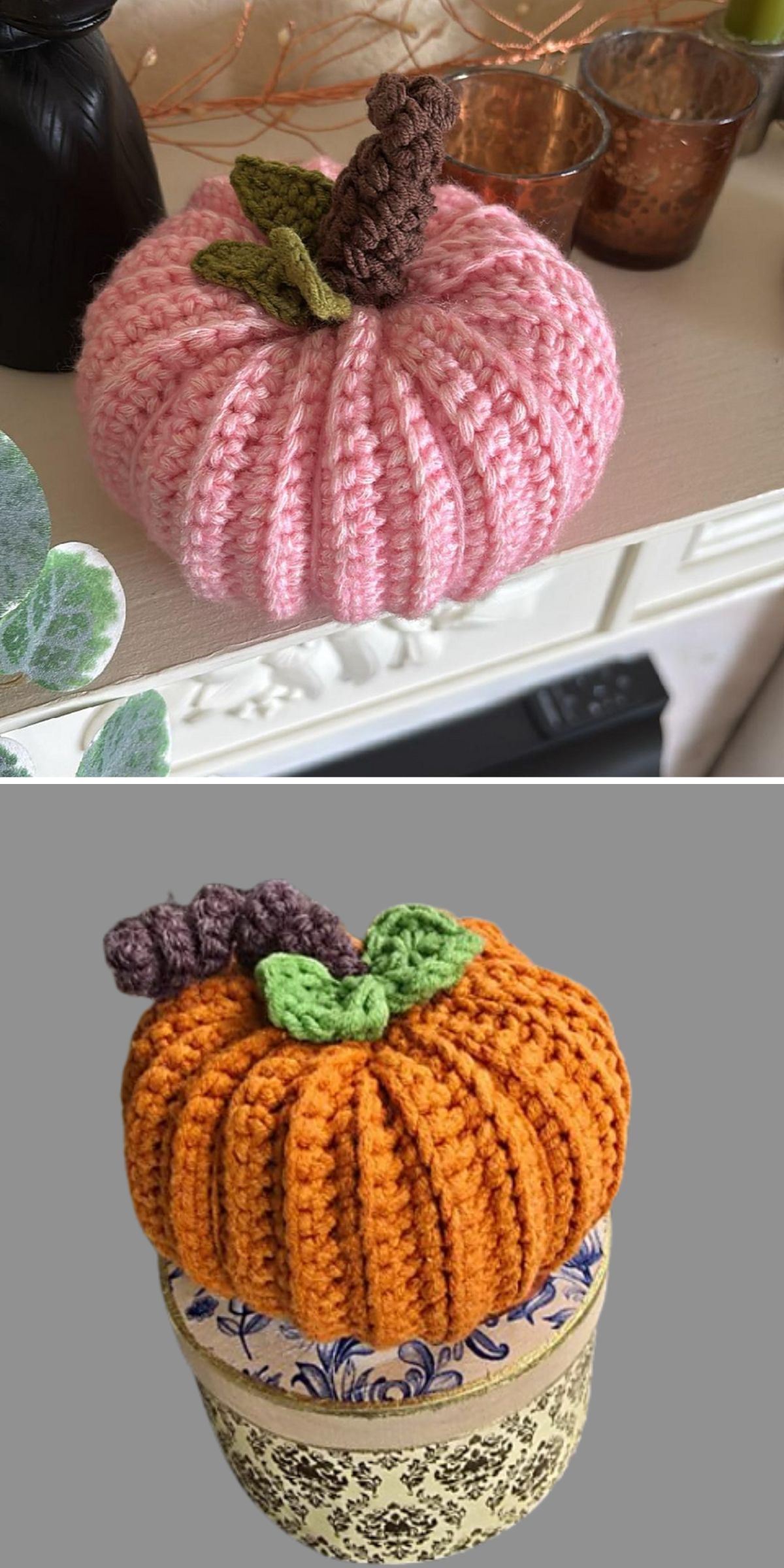 two crochet pumpkins in pink and in orange
