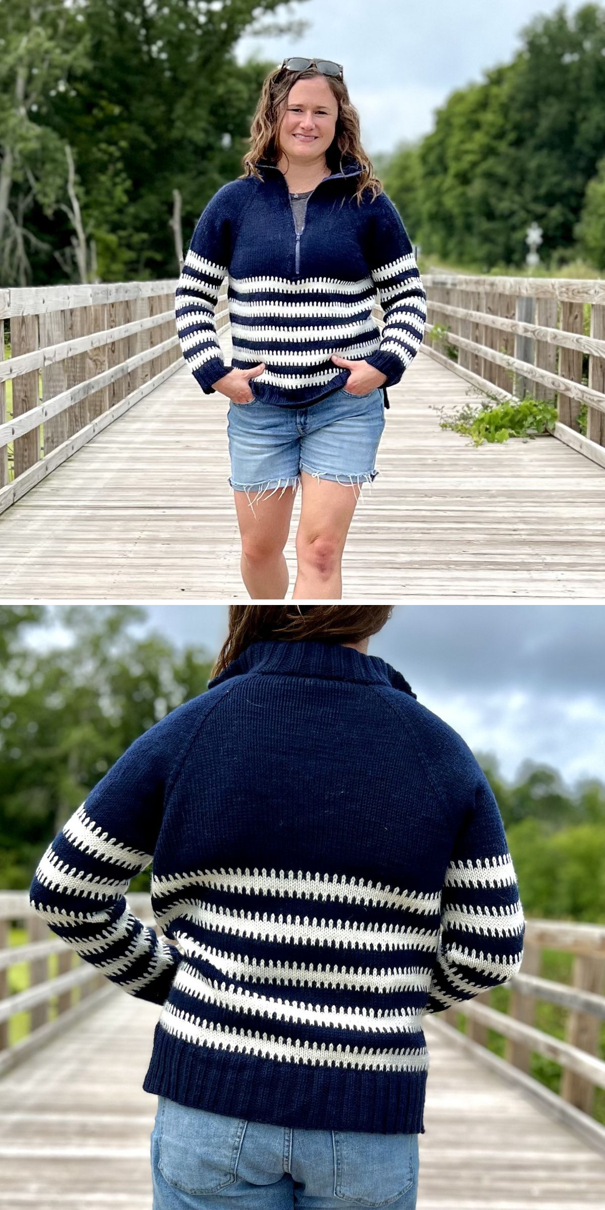 a woman wearing a striped knit sweater with a zipper and a collar