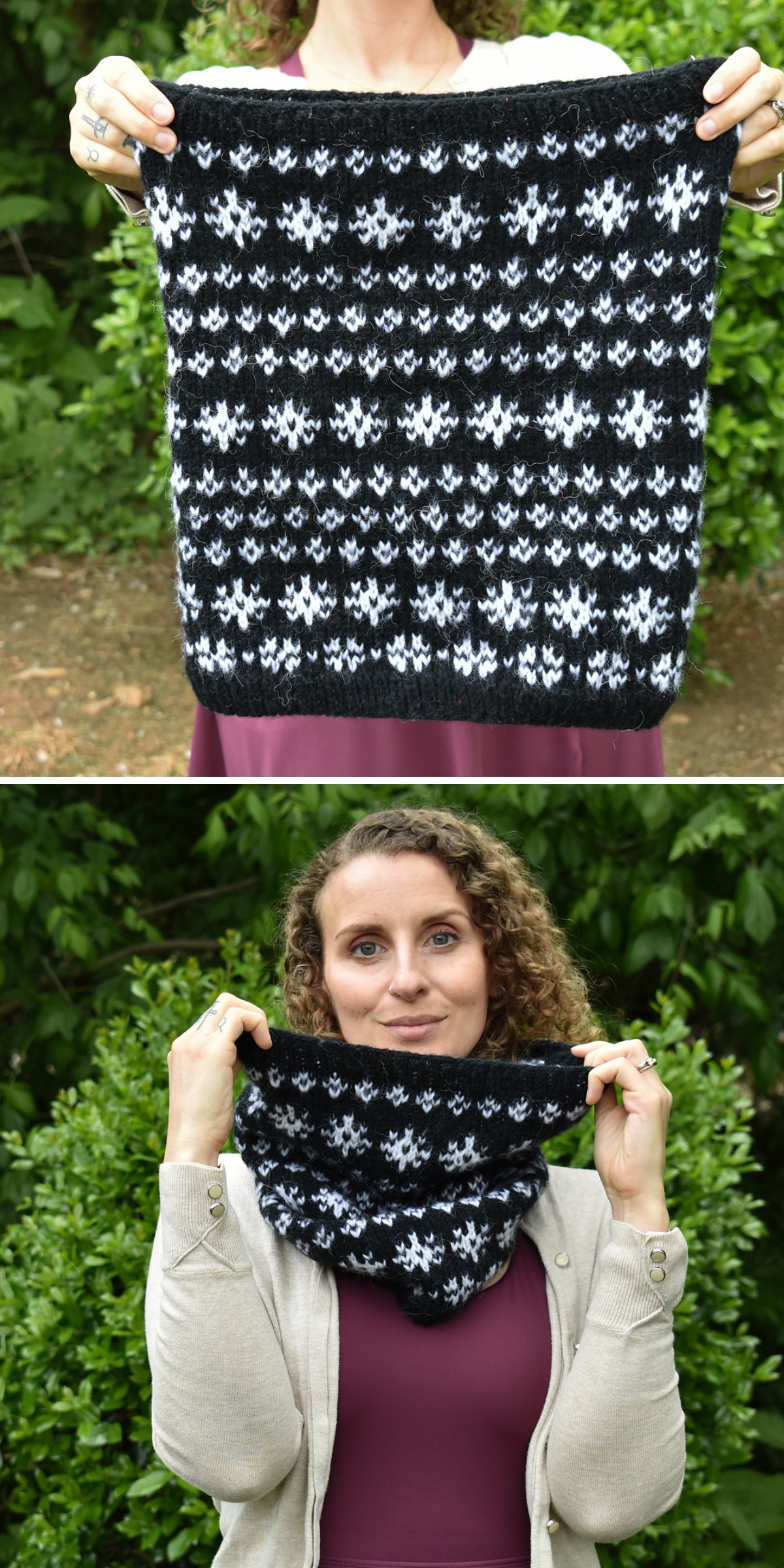 a knitted black cowl featruing white snowflake-like motifs