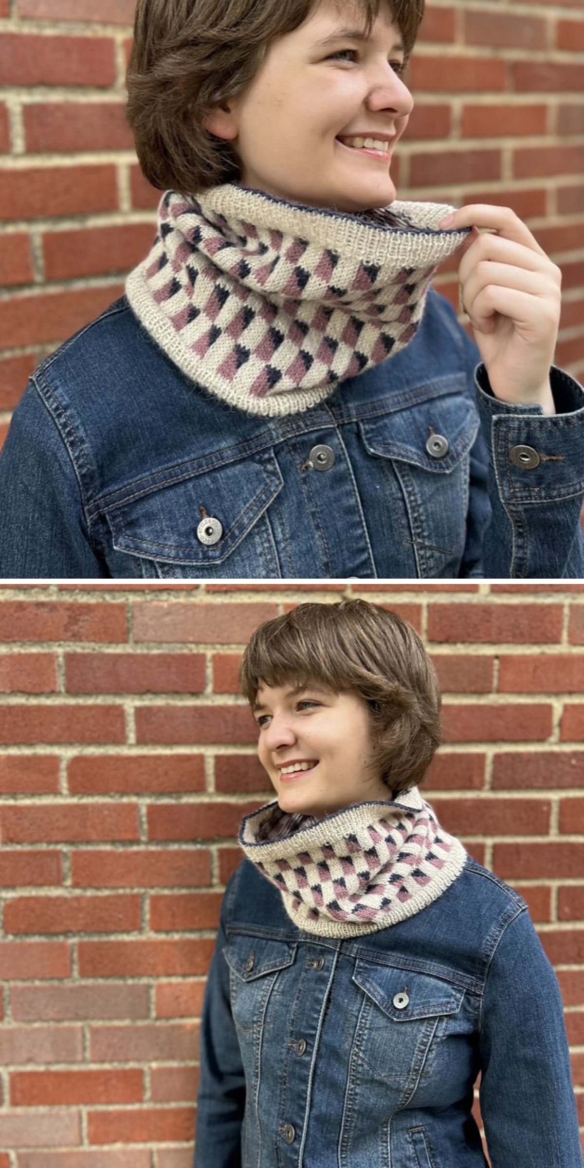 a woman wearing a knit cowl with a chequered pattern in classic colors