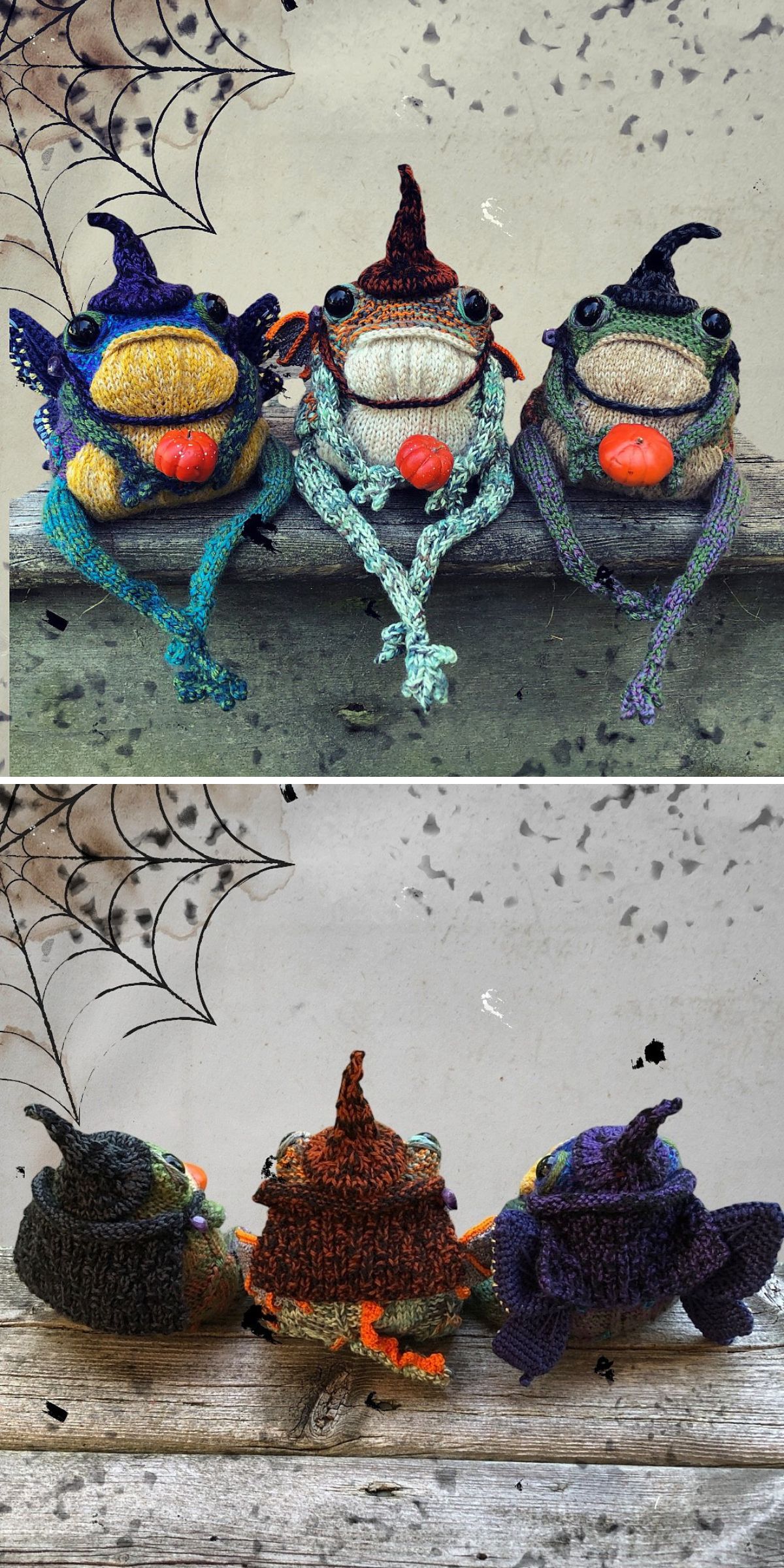 three knitted frog doll wearing knit witch hats and capes
