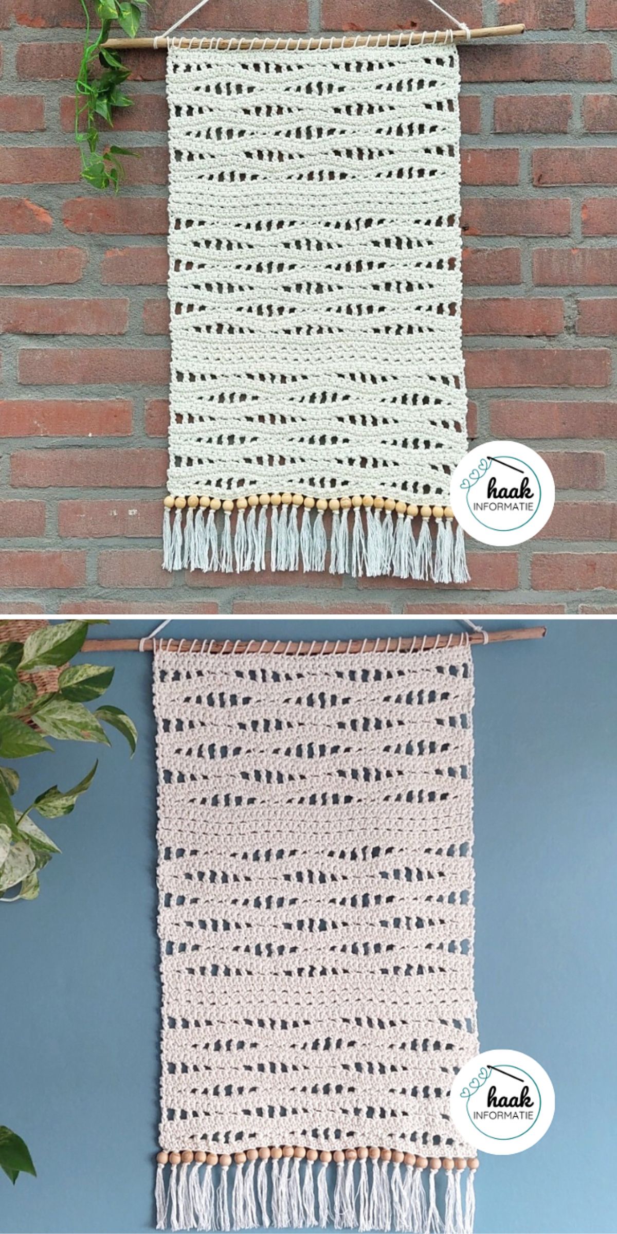 a long crochet wall hanging with open spaces and wavy-like pattern adorned with beads and tassels at the bottom