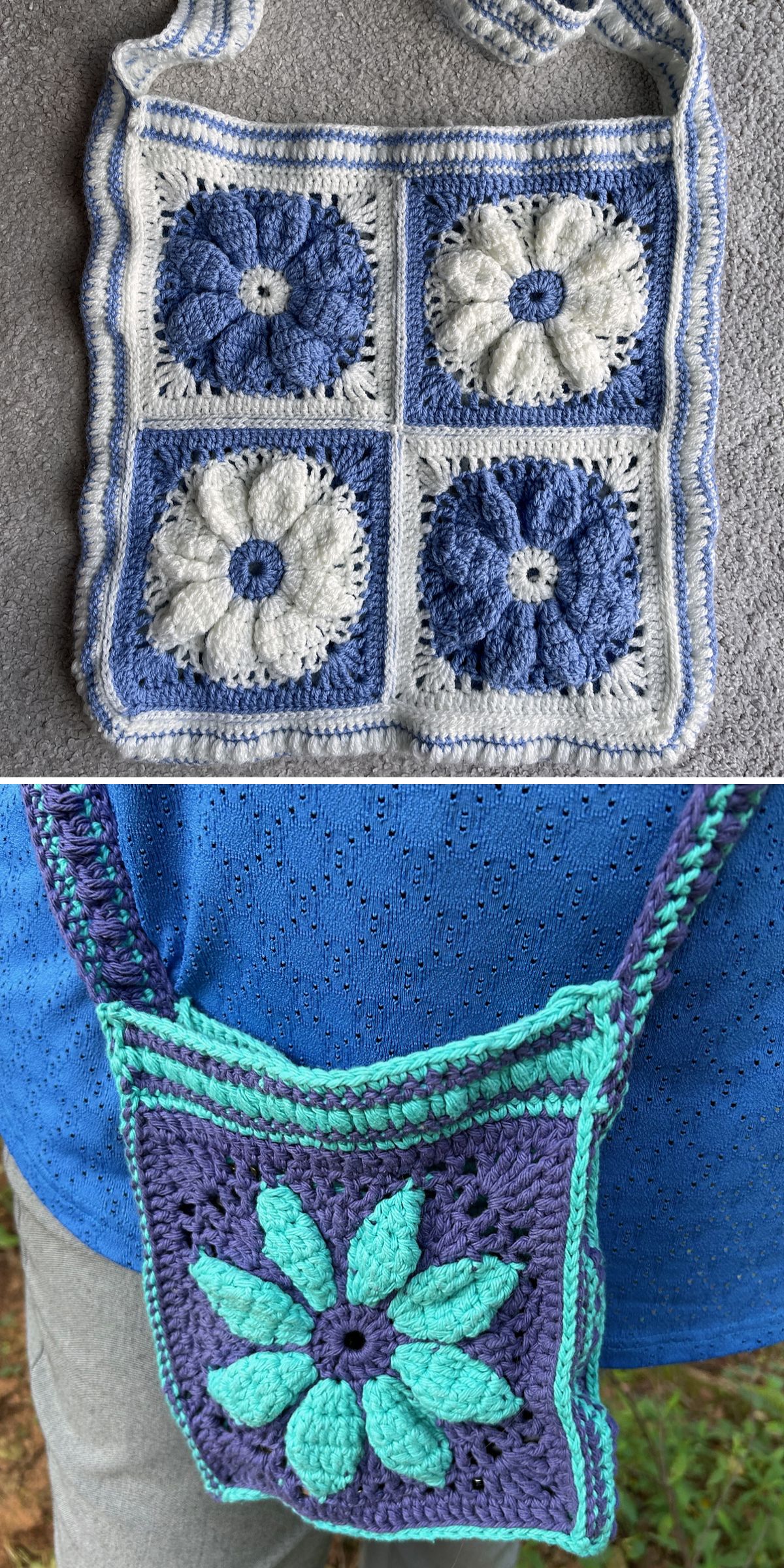 Two crocheted bags are shown: the first is a granny square crochet bag with blue and white floral squares; the second, smaller bag features a green and blue floral pattern, worn over a blue shirt.