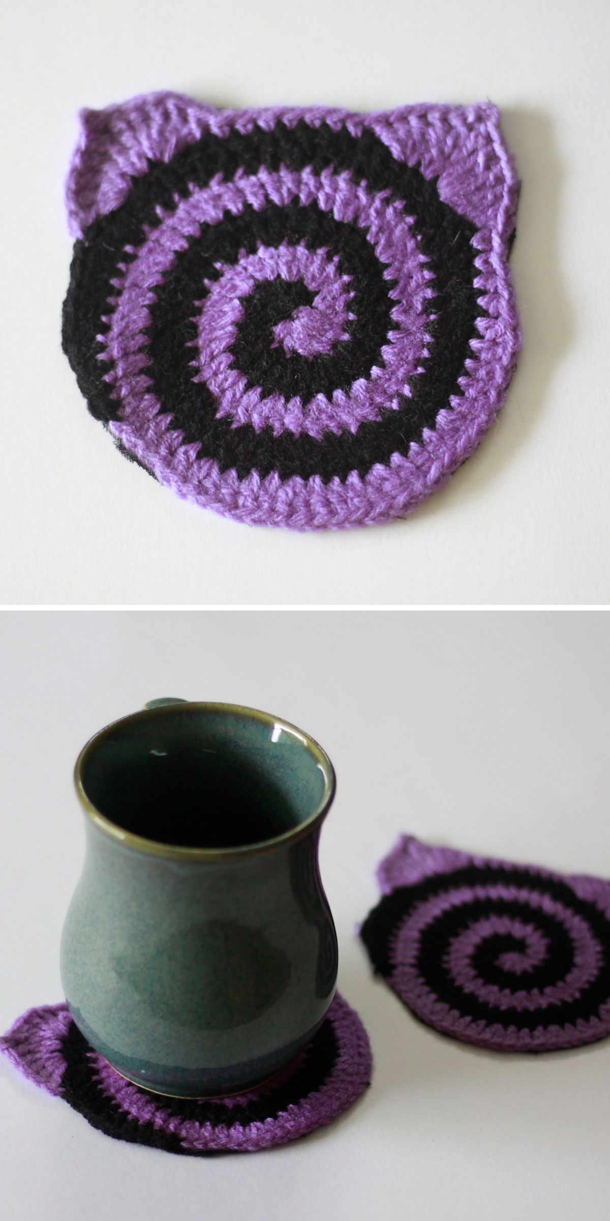 a cat-face crochet coaster with a spiral two-colored design