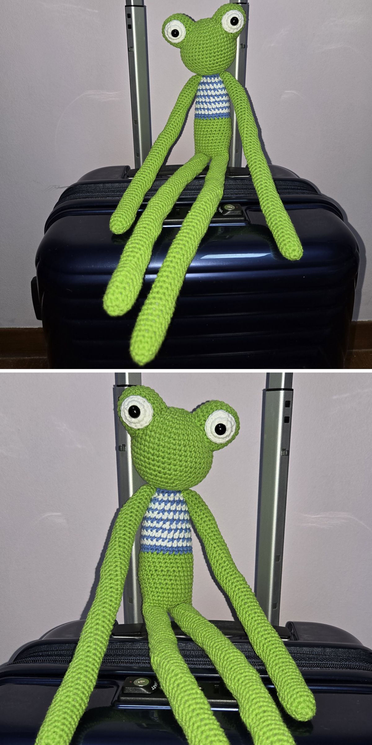a large crochet frog soft toy with very long arms and legs