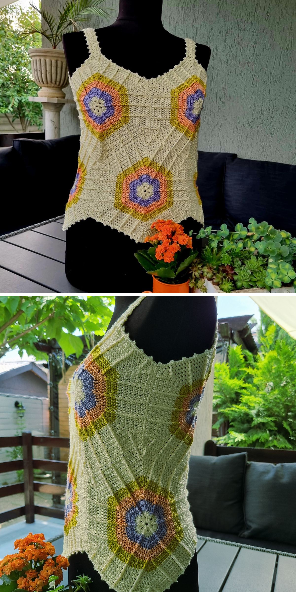 a crochet top built from textured hexagons