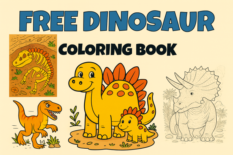 Free dinosaur coloring book – collection of printable cute baby dinosaur coloring pages with T-Rex, Stegosaurus, Triceratops, and fossil scenes
