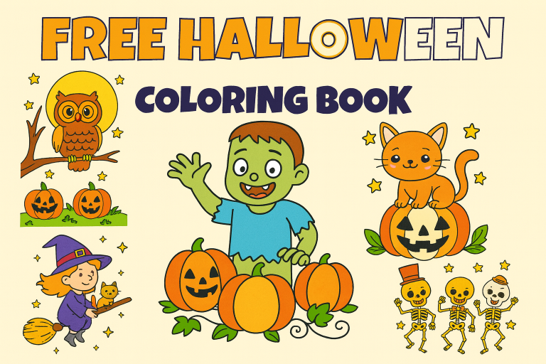 Free Halloween coloring book cover with cute zombie, witch, owl, cat, pumpkins, and dancing skeletons – free printable Halloween coloring pages for kids PDF