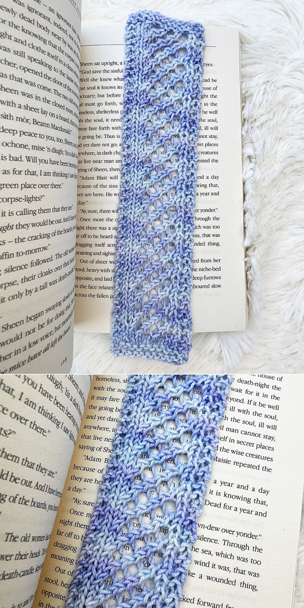 A hand-knitted lavender and blue lace bookmark, part of our charming knitted bookmarks collection, rests on the open pages of a book.