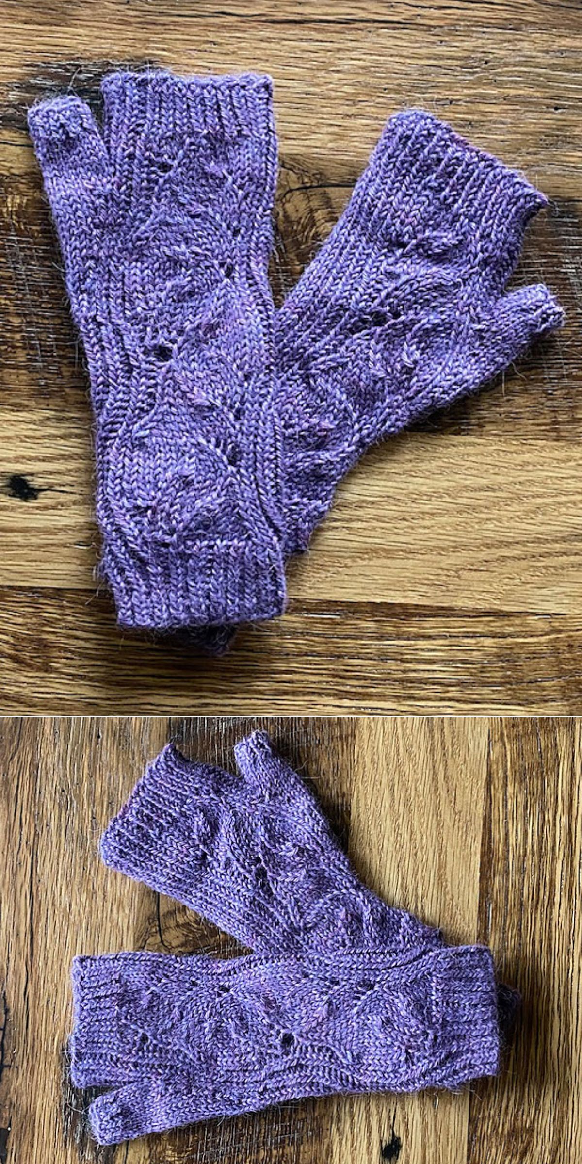 Two photos of a pair of purple, knitted, fingerless gloves with a textured leaf pattern are displayed on a wooden surface—perfect inspiration for those seeking unique knitting patterns.