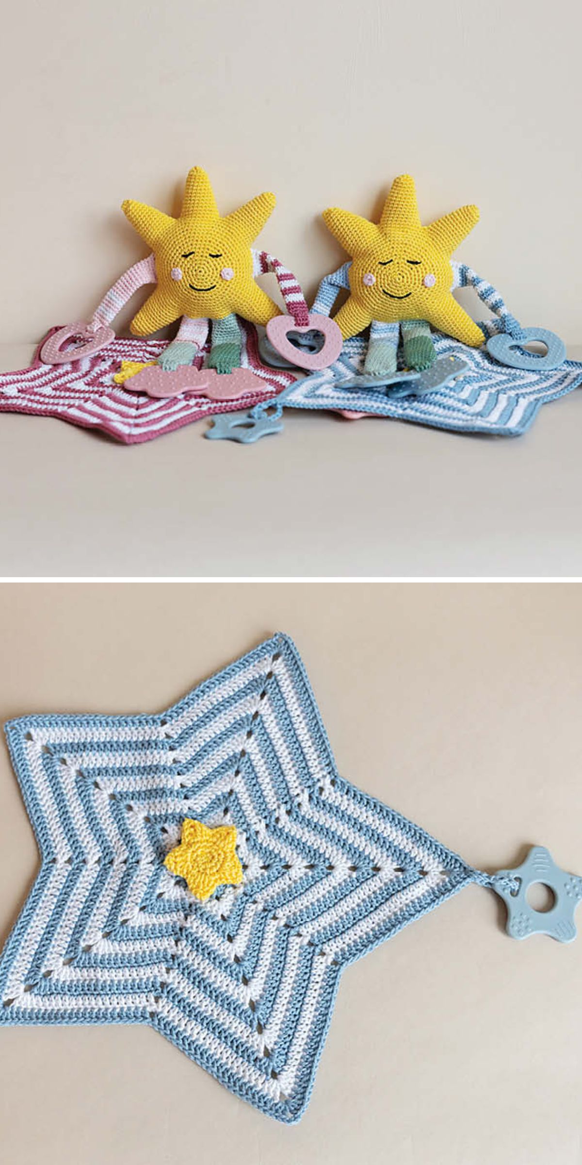 crochet star lovey with silicon teethers and amigurumi stars decor