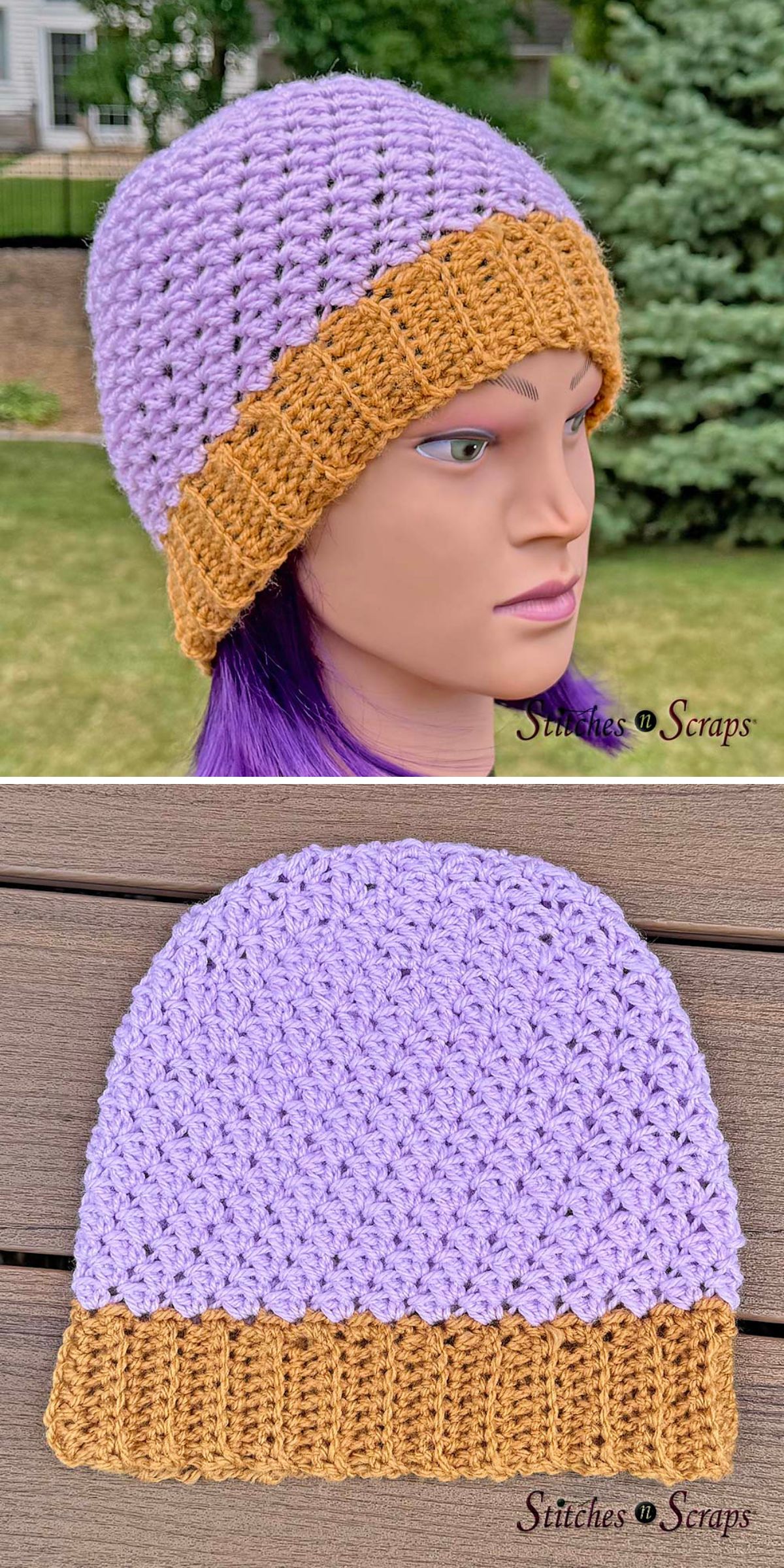 A chunky crochet beanie in lavender and mustard yellow is shown on a mannequin and laid flat on a wooden surface, perfect inspiration for those seeking new crochet beanie patterns.