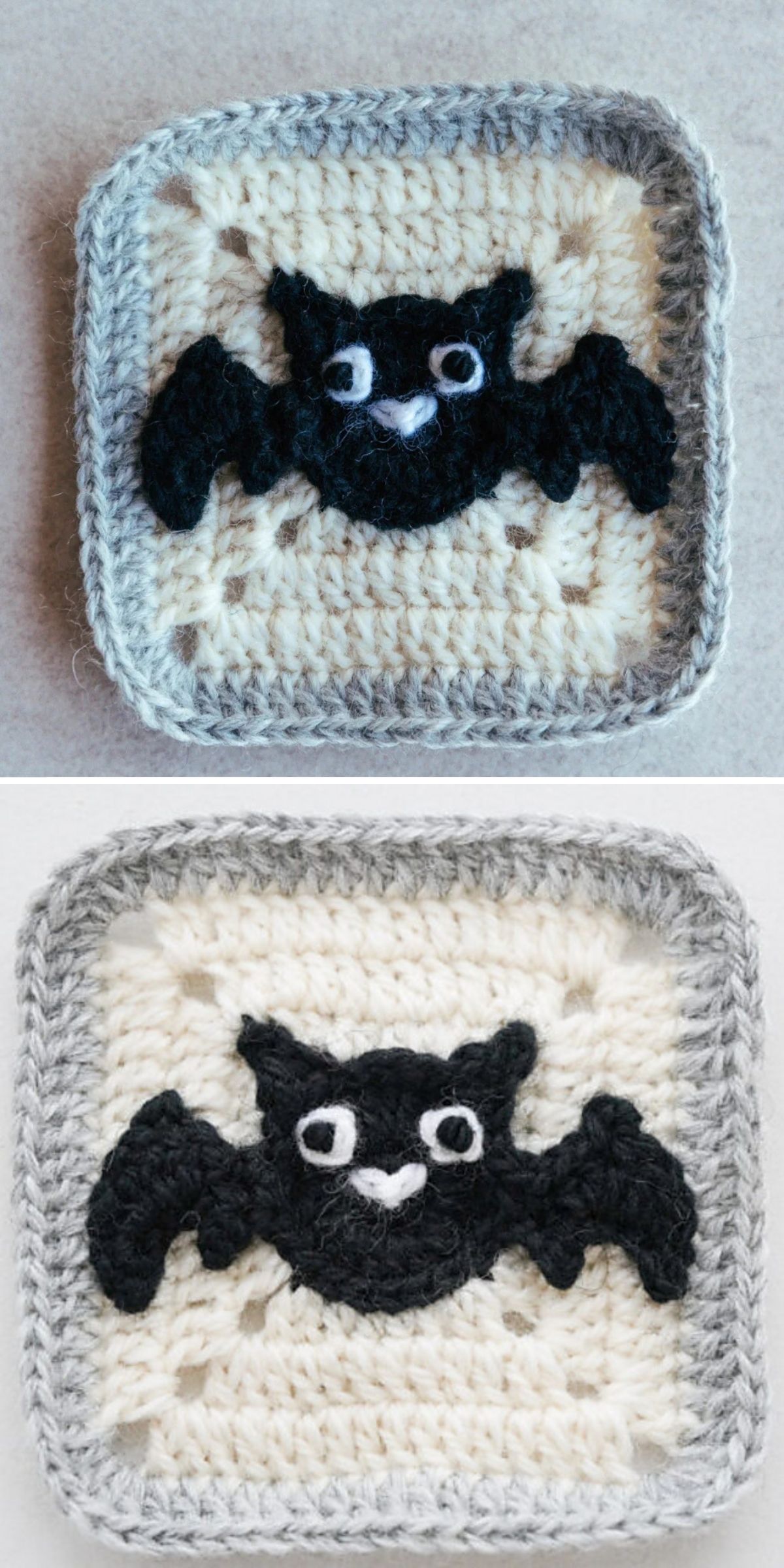 Two crocheted granny squares each feature a crochet bat with white eyes and a gray border on a cream background. The bats have wide wings and a small white nose.