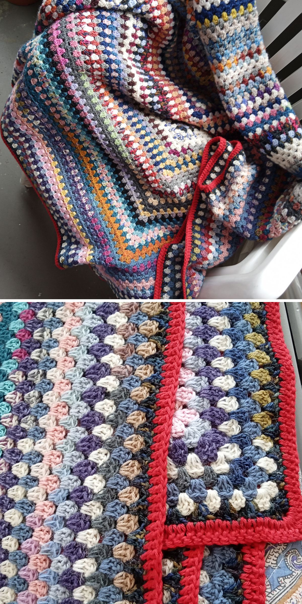 A multicolored crochet granny stitch blanket with a red border is draped over a chair; a close-up highlights the detailed crochet pattern and vibrant colors.
