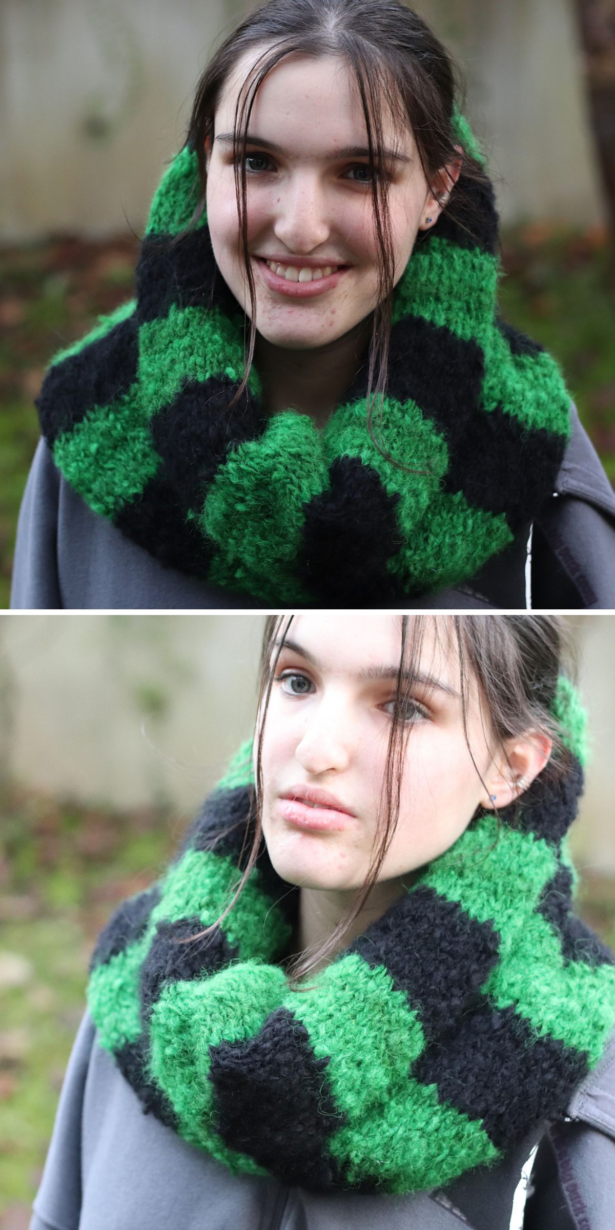 a girl in a black and bright green knitted cowl