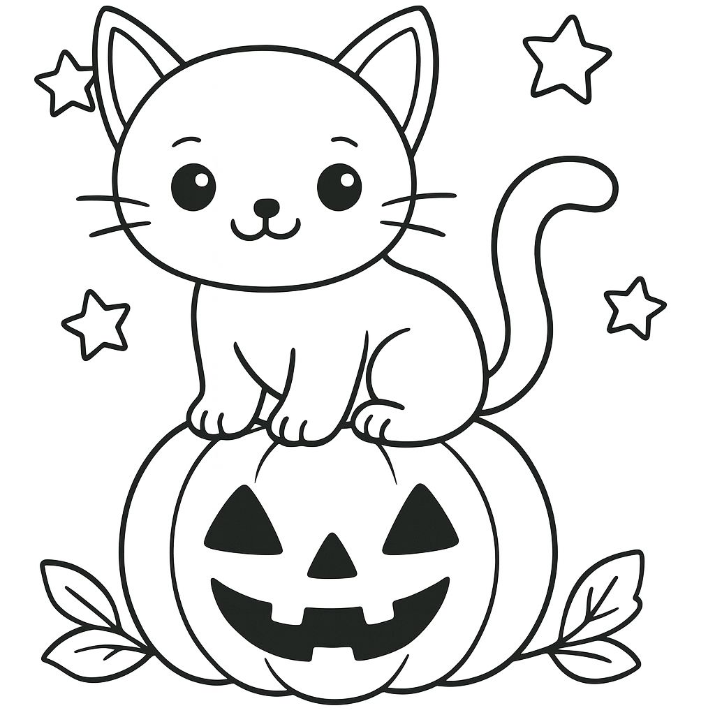Black cat sitting on pumpkin – printable cute Halloween coloring pages free for children