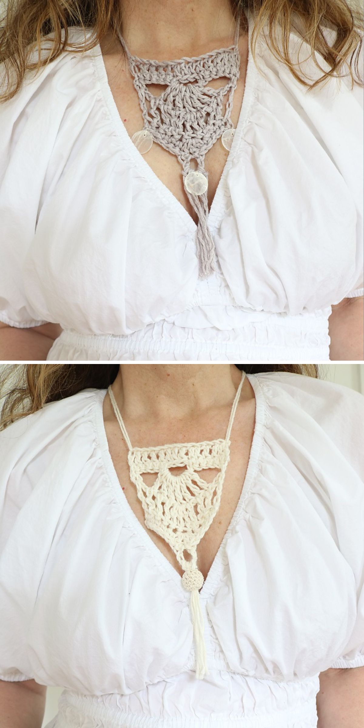 Two women wearing white blouses display handmade crochet accessories: one showcases a light gray necklace with circular details, while the other presents a cream design with a tassel accent.