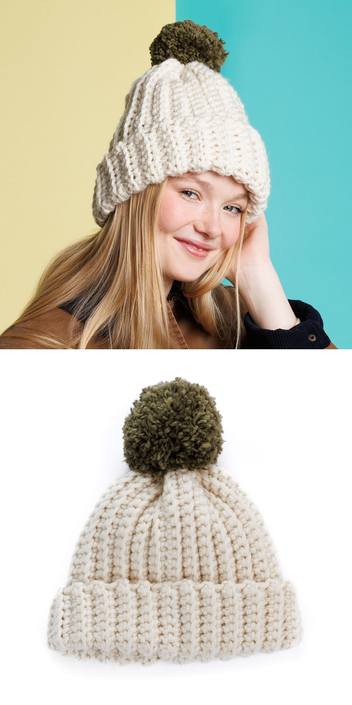 A woman wears a cream crochet beanie with a large olive green pom-pom, showcasing one of our classic beanie designs; below is a close-up of the same beanie on a white background.
