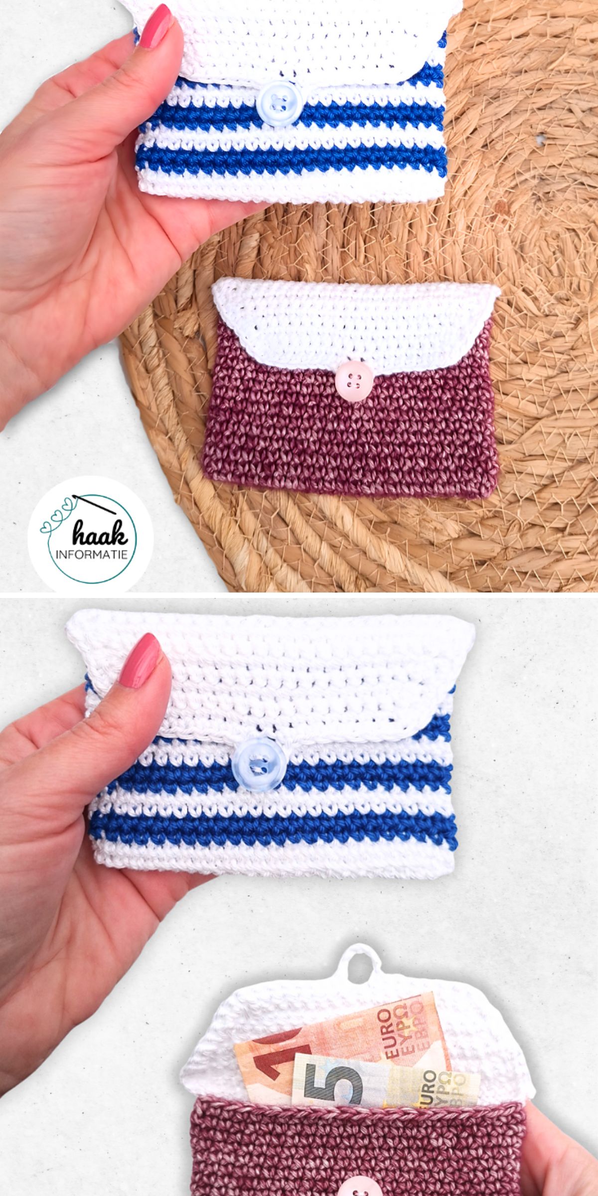 Three crocheted coin purses are shown: two closed with buttons, one open displaying cash inside. A woven mat is visible in the background of the first image, highlighting these charming crochet wallet designs.