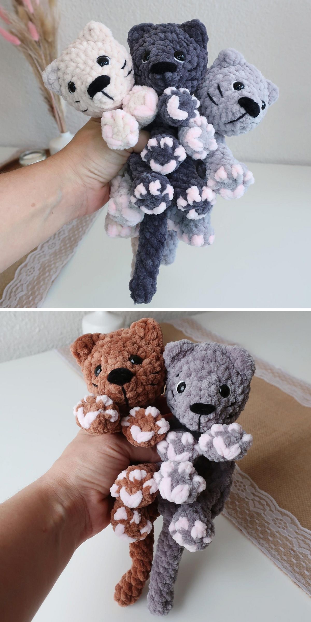 Hand holding three crochet cat amigurumi toys with heart-shaped paw pads in various colors, shown from two different angles.