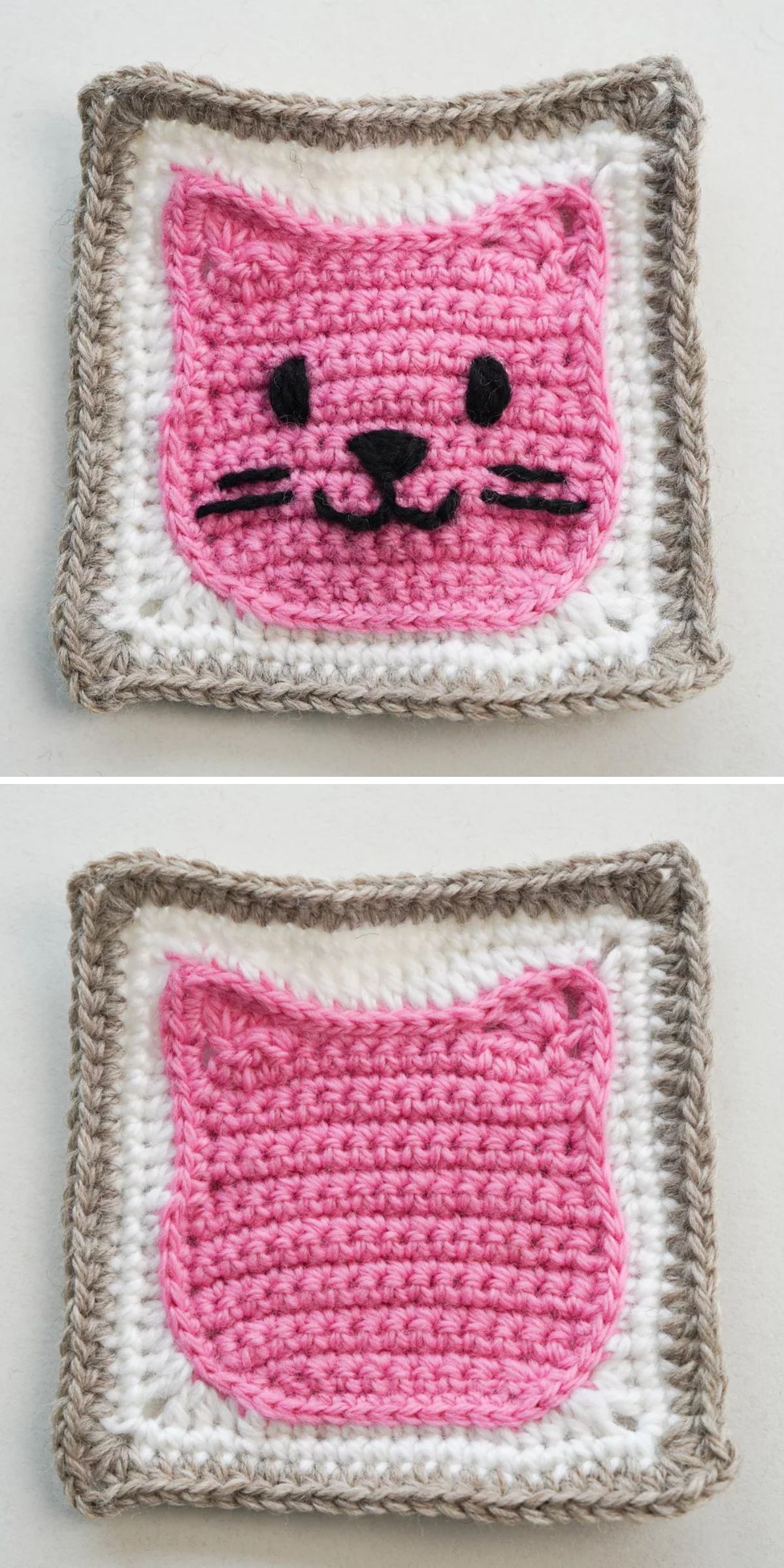 Two cat crochet granny squares with a pink cat face on a white background bordered in gray; the top shows detailed facial features, while the bottom displays the plain back of the cat shape.