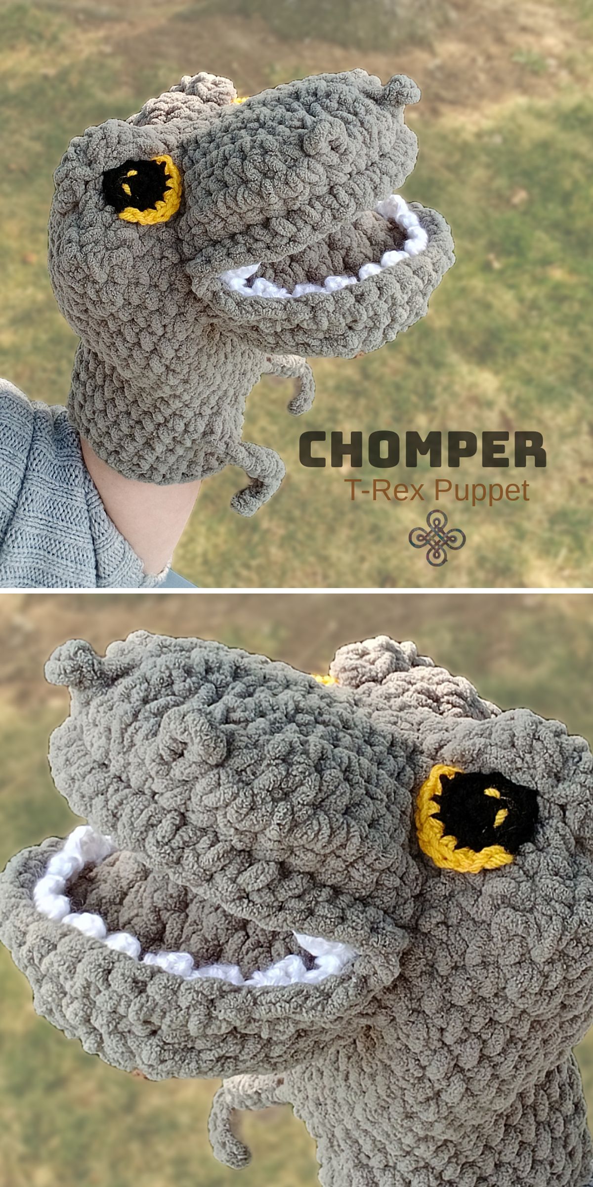 a crochet T-Rex hand