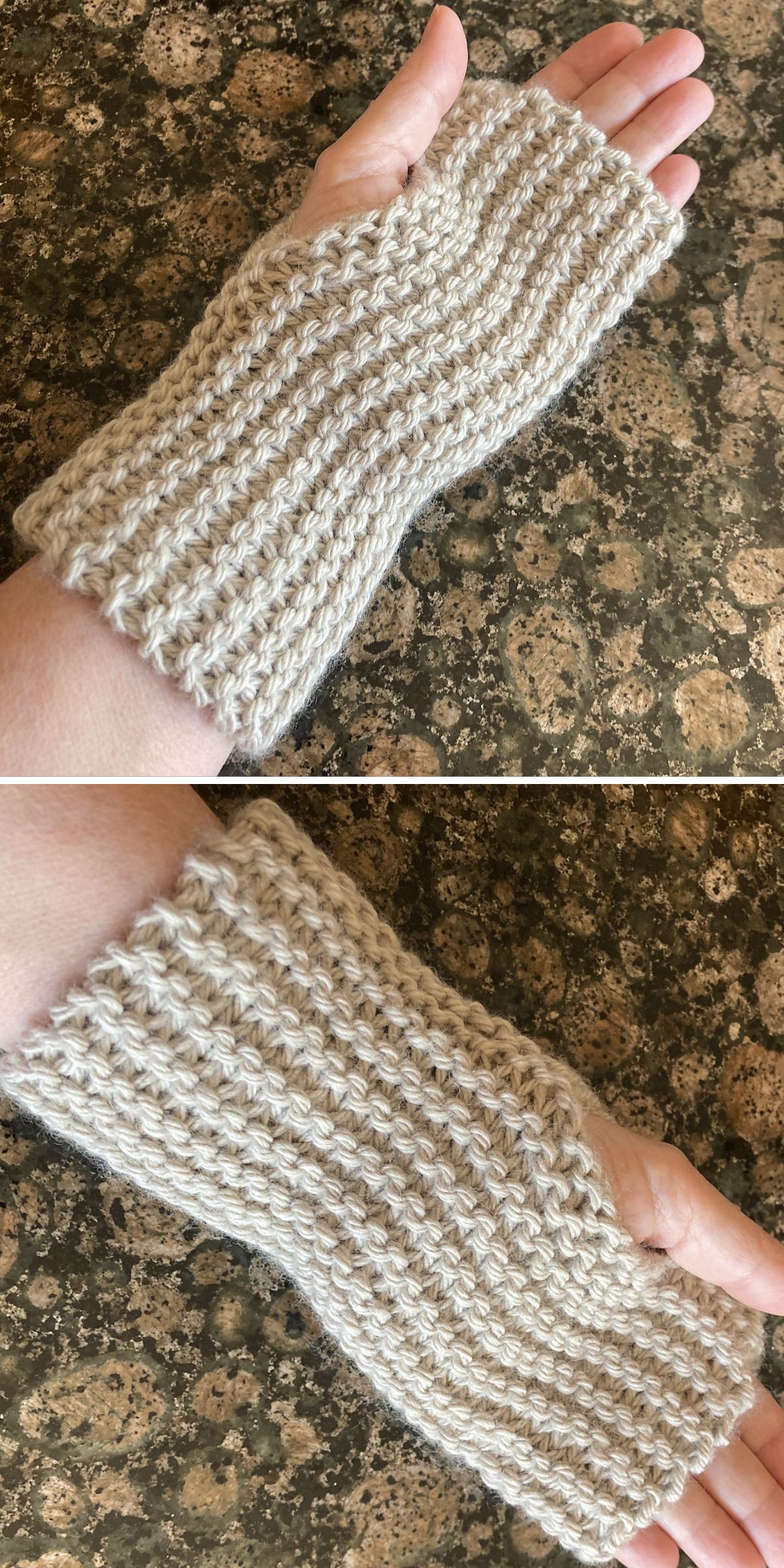 A hand wearing a beige, ribbed, fingerless knit glove — crafted from free knitting patterns for fingerless gloves—is shown from two angles on a mottled brown surface.